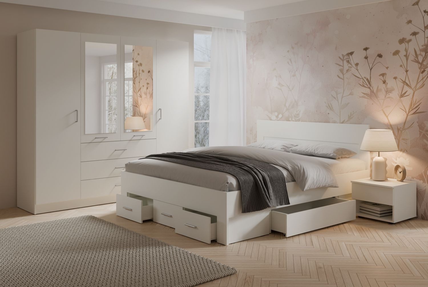 Lukas Möbel Schlafzimmer-Set Elegantes Schlafzimmer Set Monsun in Weiß, Bett mit 5 Schubladen, Kleiderschrank mit Spiegel, Breite wählbar