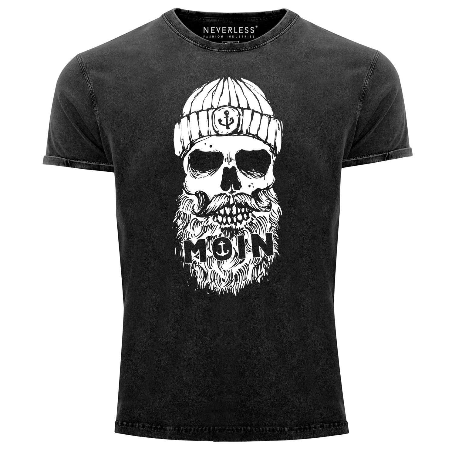 Fit mit Shirt Neverless® Printshirt Neverless Print Totenkopf Aufdruck Print-Shirt Anker Skull Slim schwarz Vintage Look Used Moin T-Shirt Herren