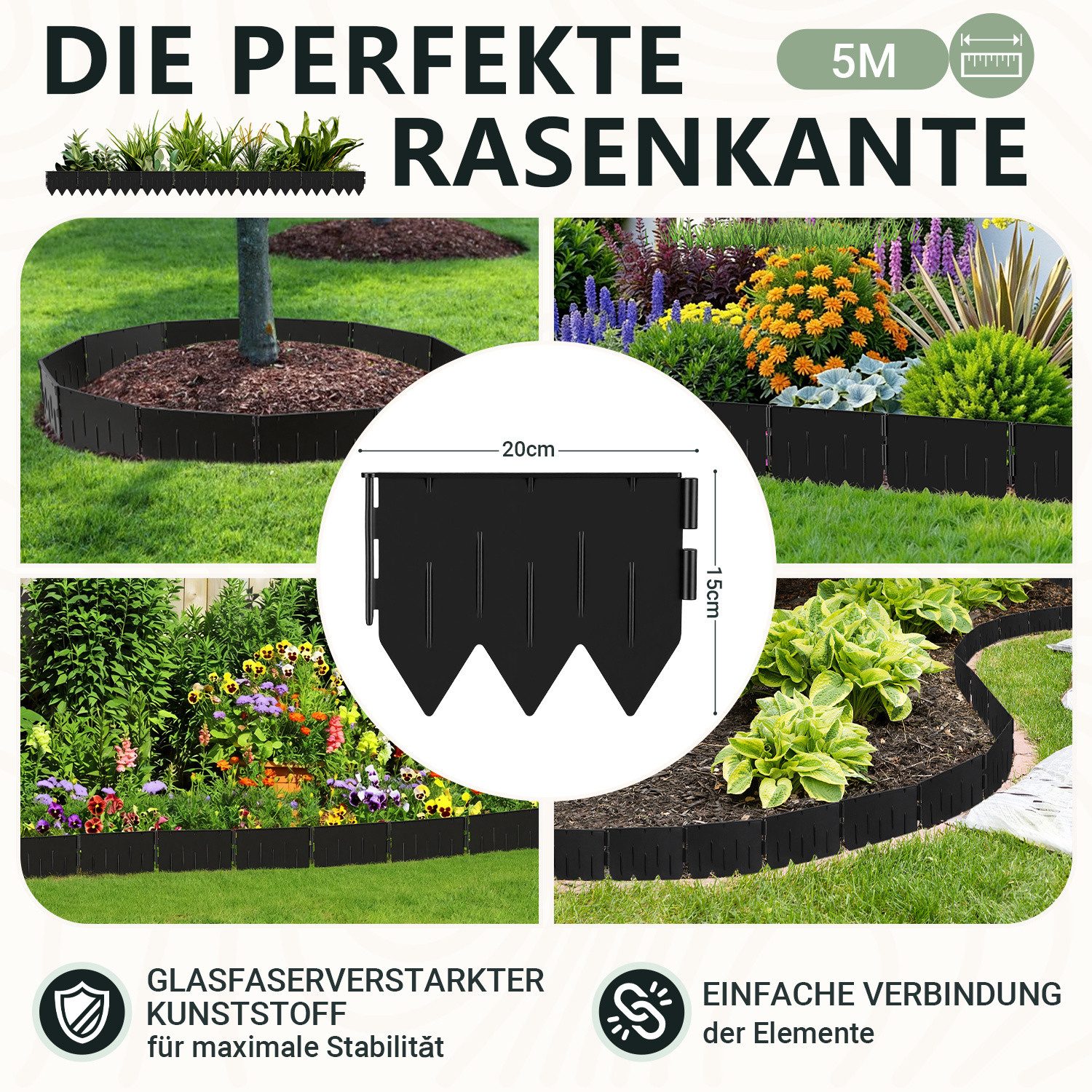 Clanmacy Beetumrandung Rasenkante Kunststoff Raseneinfassung Beeteinfassung 5m schwarz