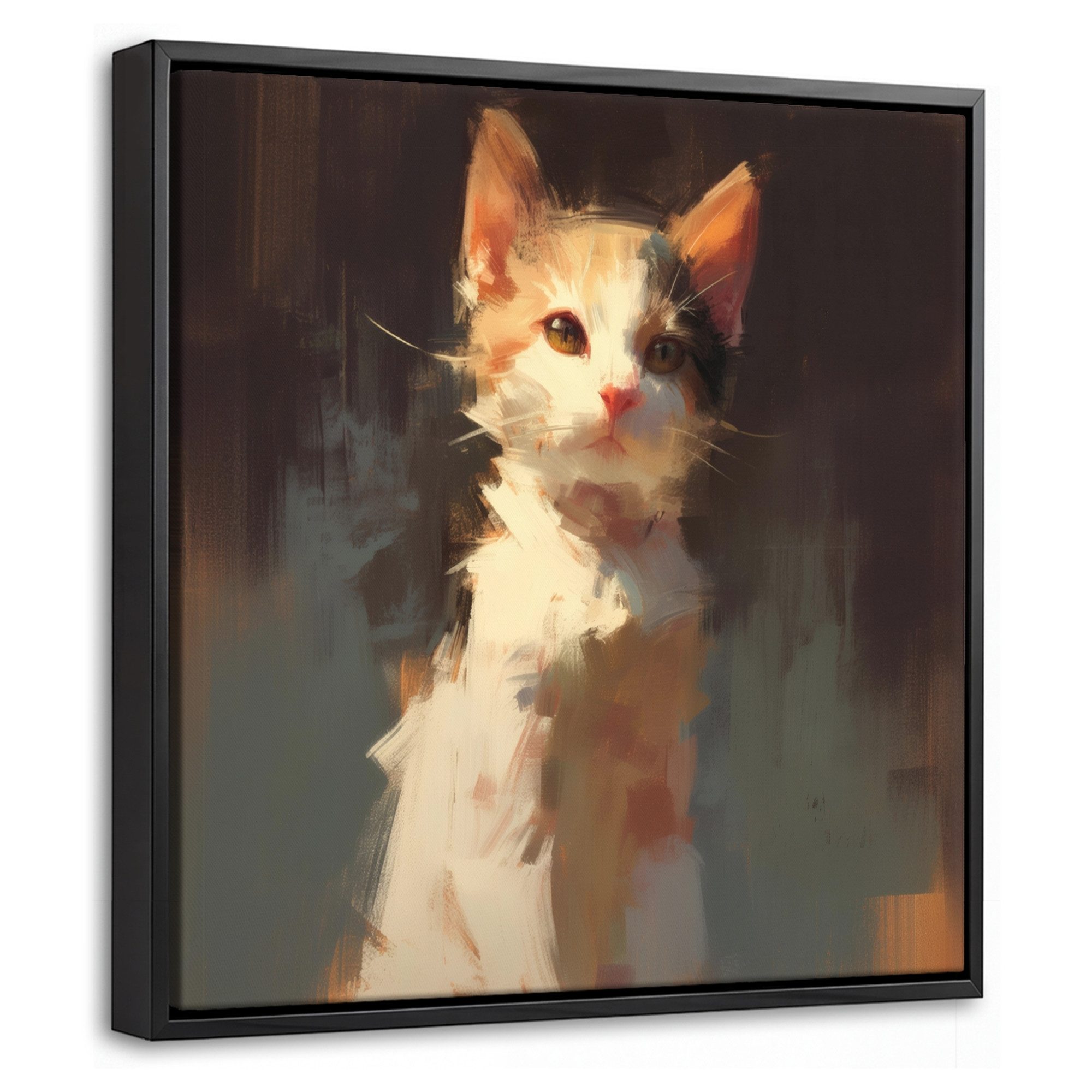 OneMillionCanvasses® Leinwandbild mit Rahmen - Katze - Gemalt - Künstlerisch - Weiß, Fotodruck (1 St), Leinwand Bilder Klein, Wand Dekoration Aesthetic 20x20cm