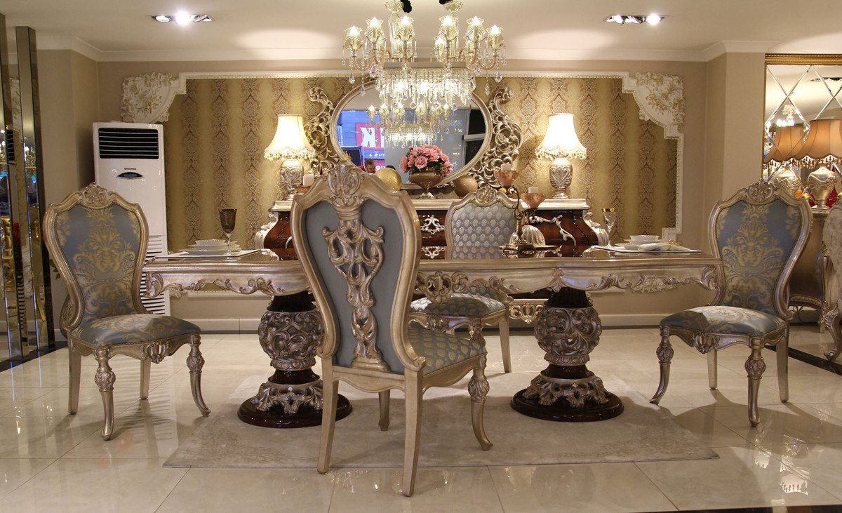 Casa Padrino Esszimmerstuhl Luxus Barock Esszimmer Stuhl Set Hellblau / Beige / Silber - Prunkvolles Küchen Stühle 8er Set - Barock Esszimmer Möbel