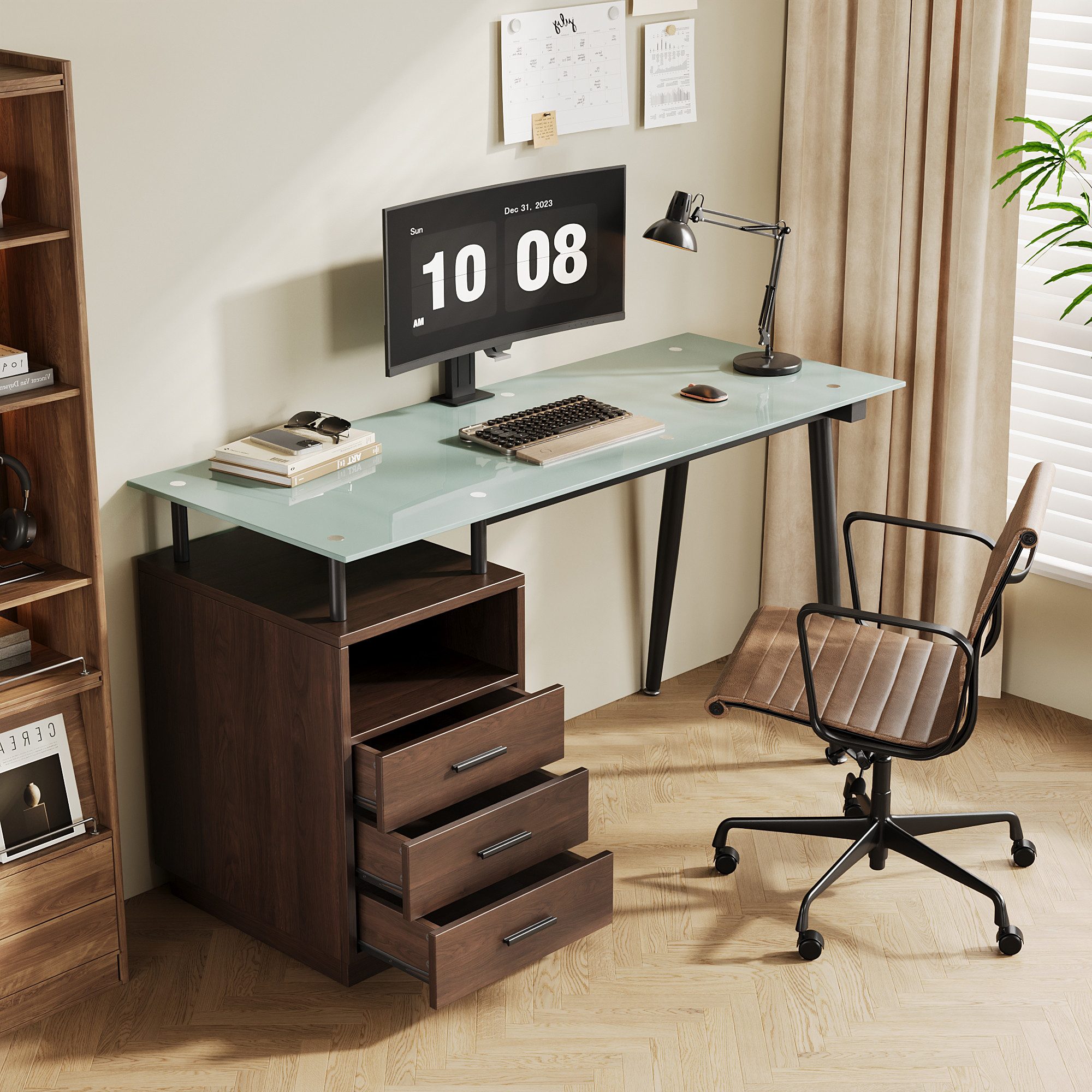 MODFU Schreibtisch mit Glasplatte und 3 Schubladen (mit Glasplatte und 3 Schubladen Braun, 130*50*75cm)
