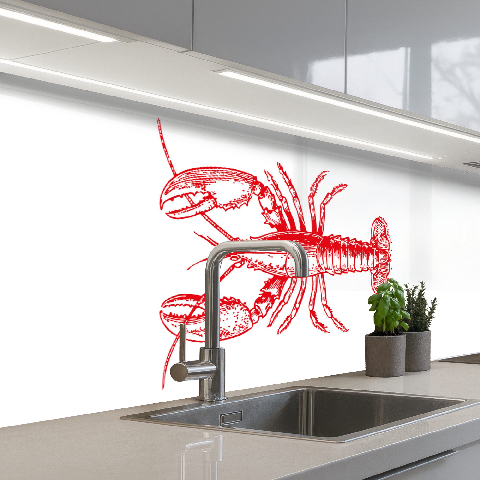 KitchenYeah Küchenrückwand selbstklebend (keine Folie) Krebs - Rot - Weiß, (1-tlg), Spritzschutz, Küche, Rückwand, Küchenwand, Ohne Bohren, 250x80 cm
