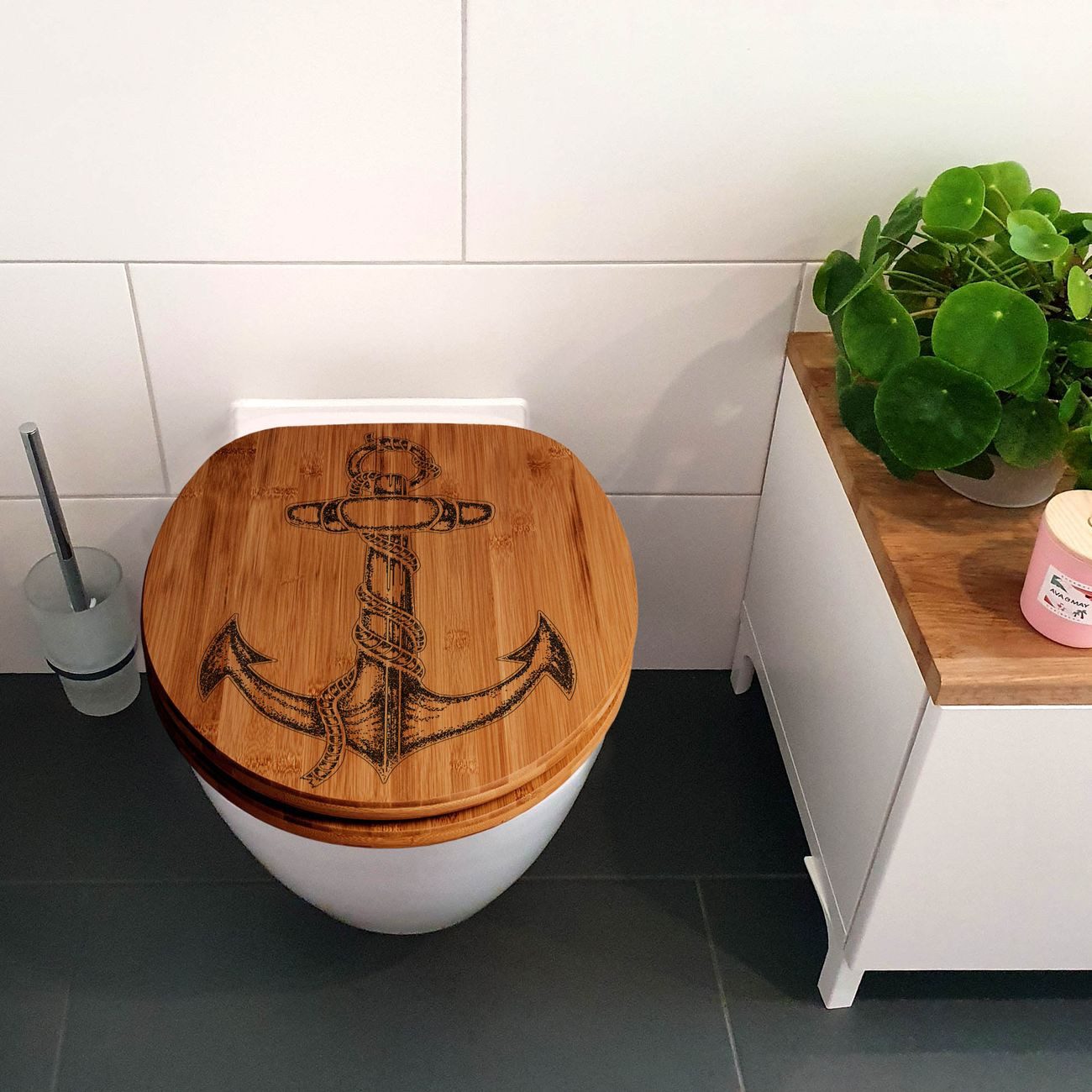 banjado WC-Sitz Bambus mit Gravur Anker günstig online kaufen