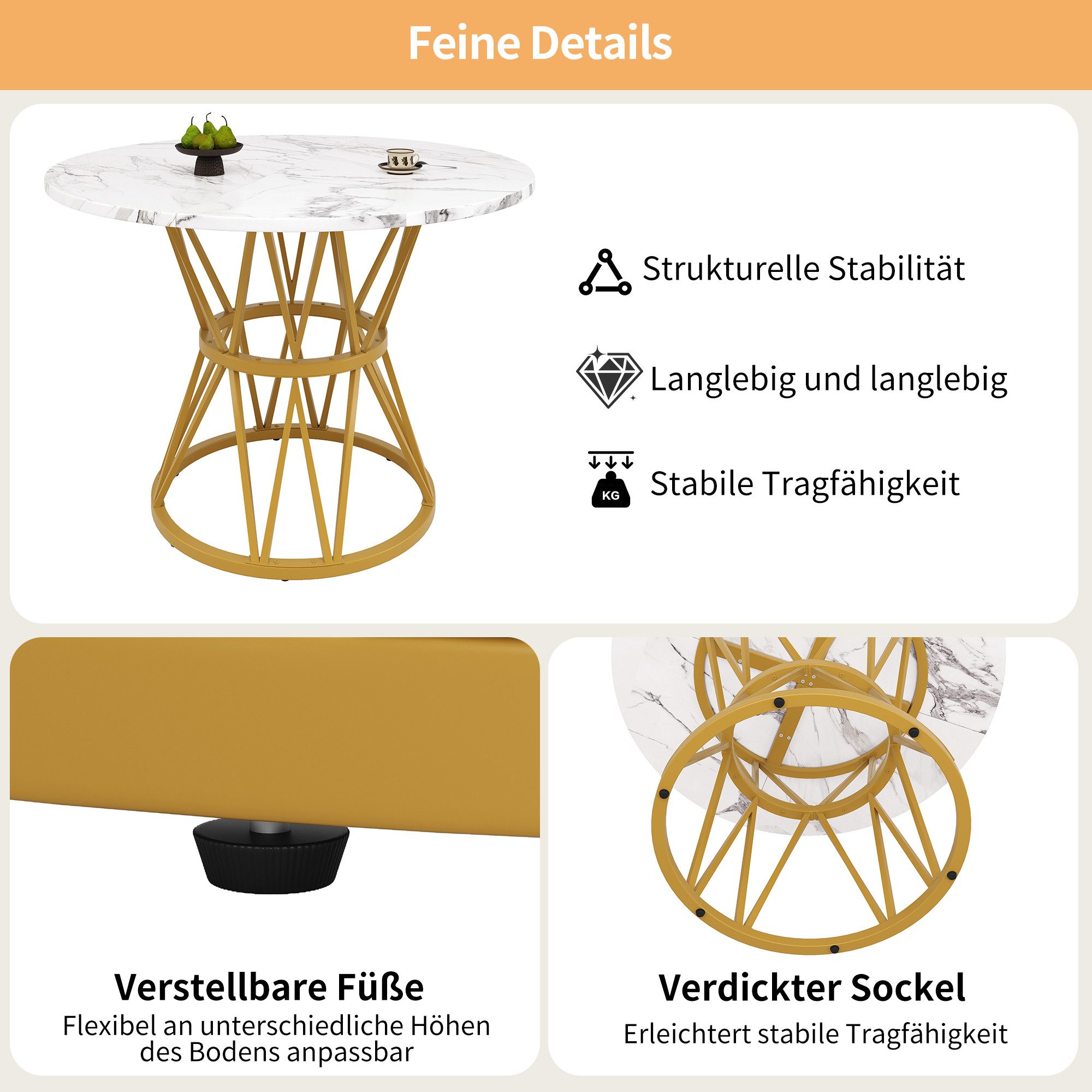 MODFU Essgruppe Stylisches Esstisch, (Moderner runder Esstisch 100×100×76 cm mit verstellbaren Metallbeinen, hochwertiger MDF-Marmor-Tischplatte & hoher Tragfähigkeit., 1-tlg)