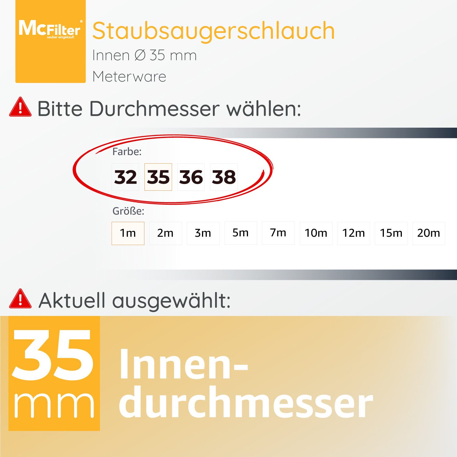 McFilter Staubsaugerschlauch Ø 32/35/36/38 mm Meterware, Zubehör für AEG, Bosch, Einhell, Festool, Kärcher, Makita, Nilfisk, Parkside, Siemens, leicht, flexibel, formstabil