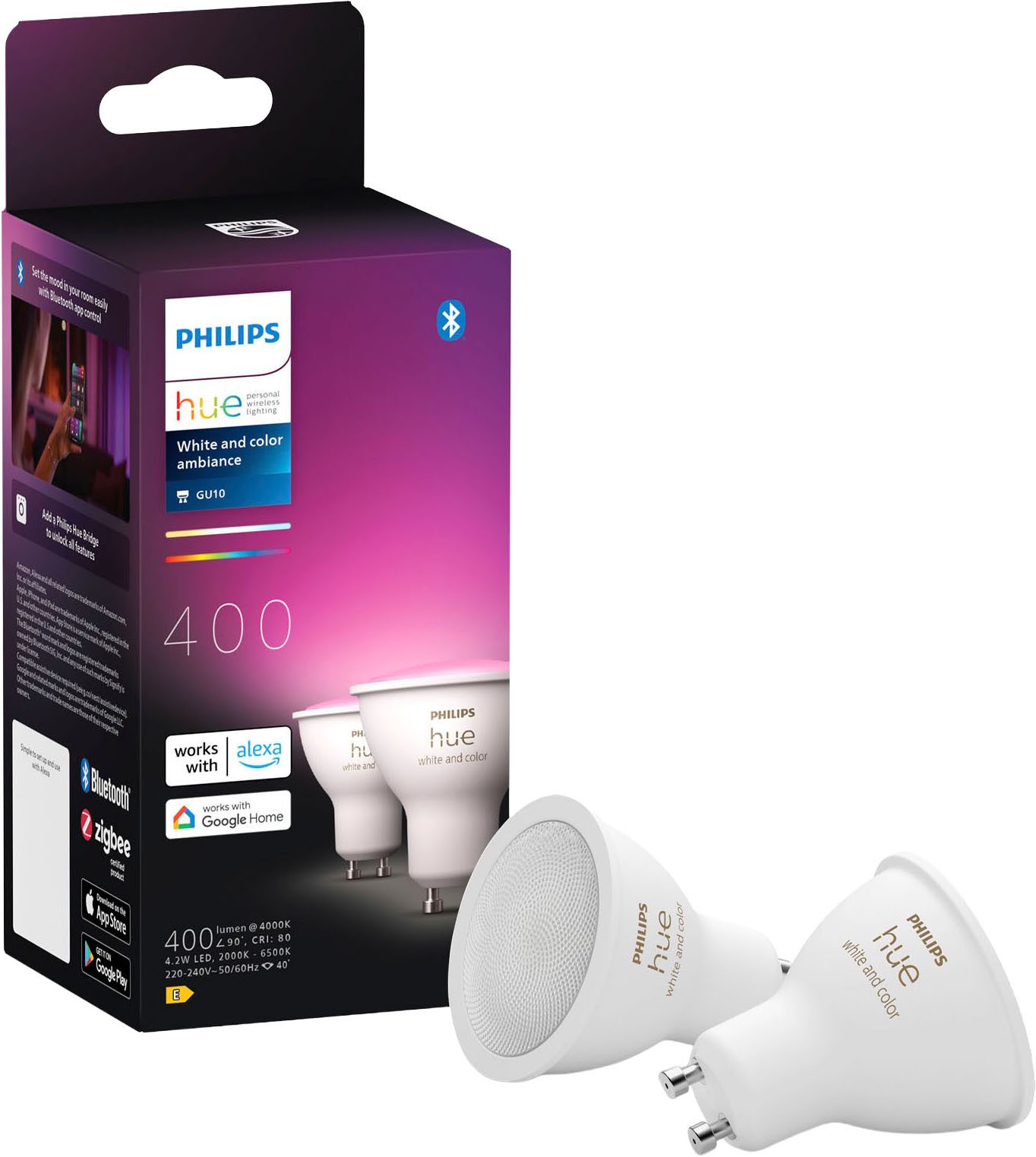 Philips Hue LED-Leuchtmittel White and Color Ambiance 400lm, GU10, 2 St., Farbwechsler