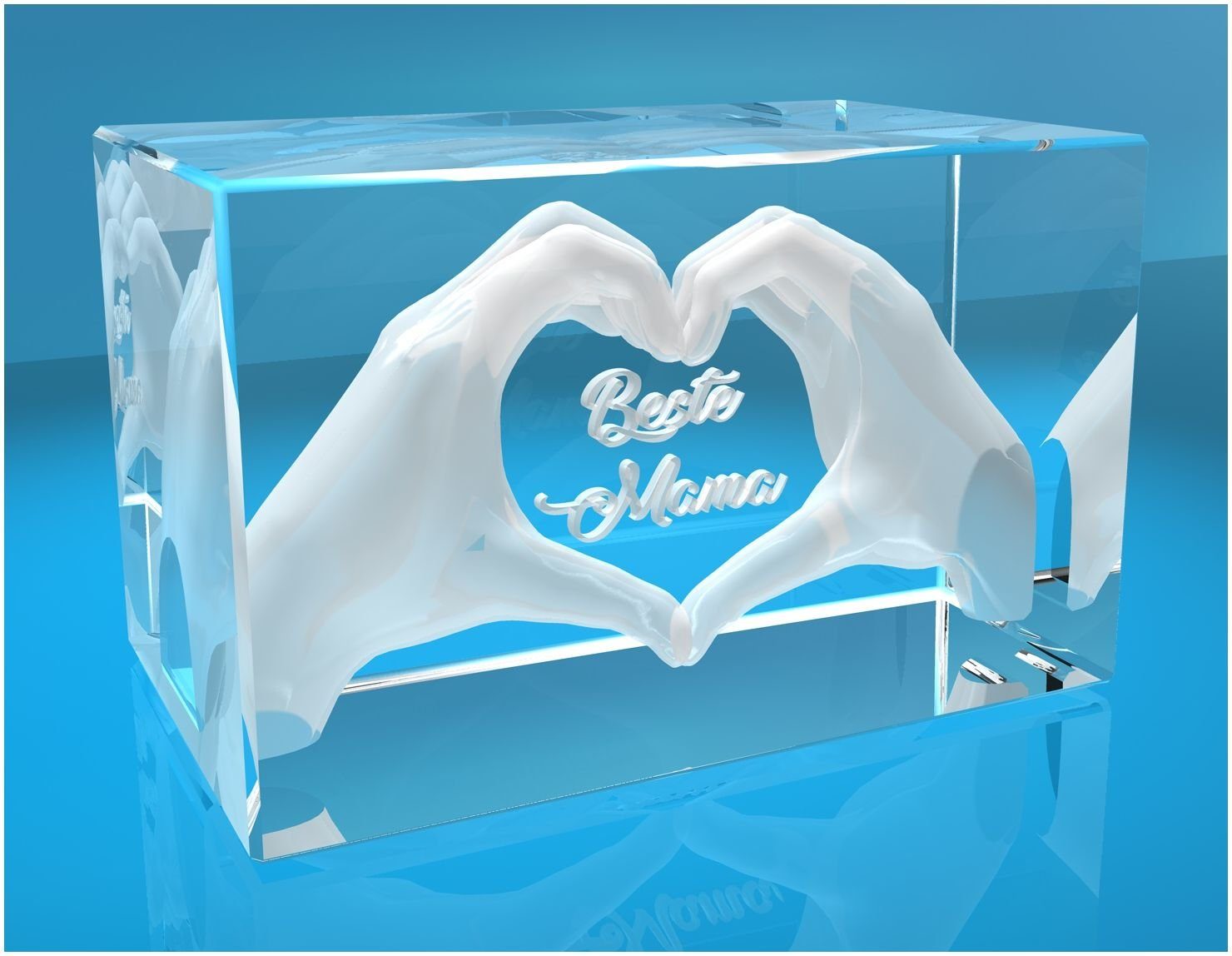 VIP-LASER Dekofigur 3D Glasquader I I in Beste Gravur Familienbetrieb Text: Made Hochwertige Herz mit Mama!, Händen Geschenkbox, aus Germany