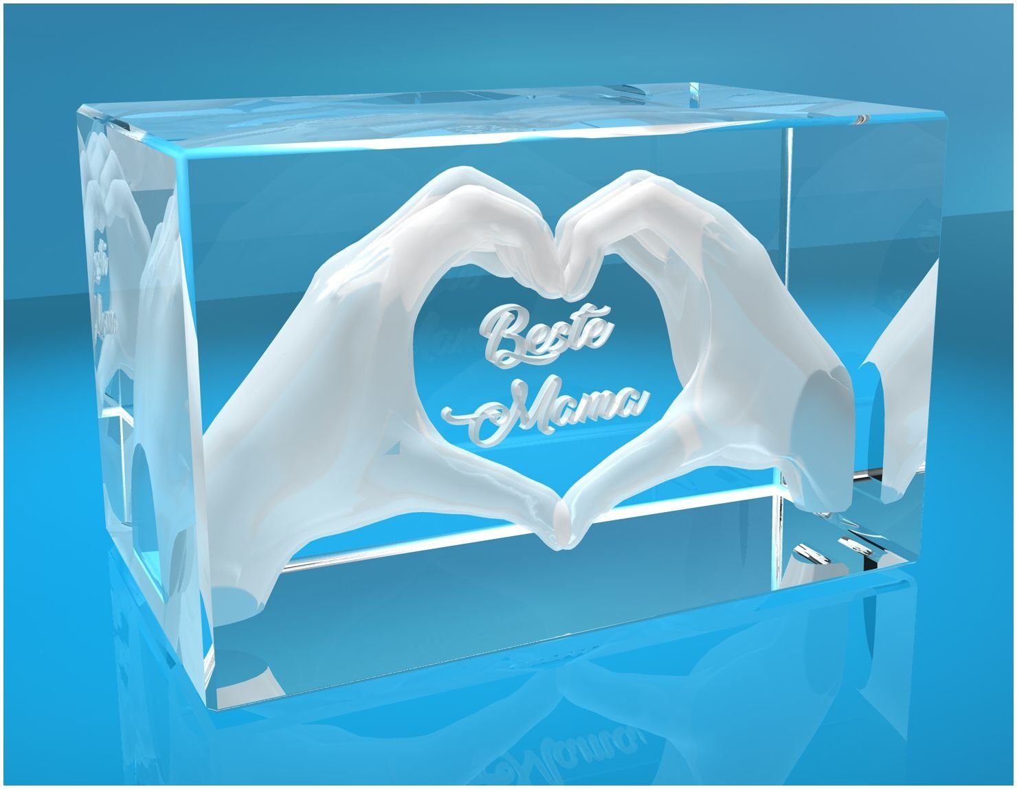 Dekofigur 3D Glasquader I Herz aus Händen mit Gravur I Text: Beste Mama!, Hochwertige Geschenkbox, Made in Germany, Familienbetrieb