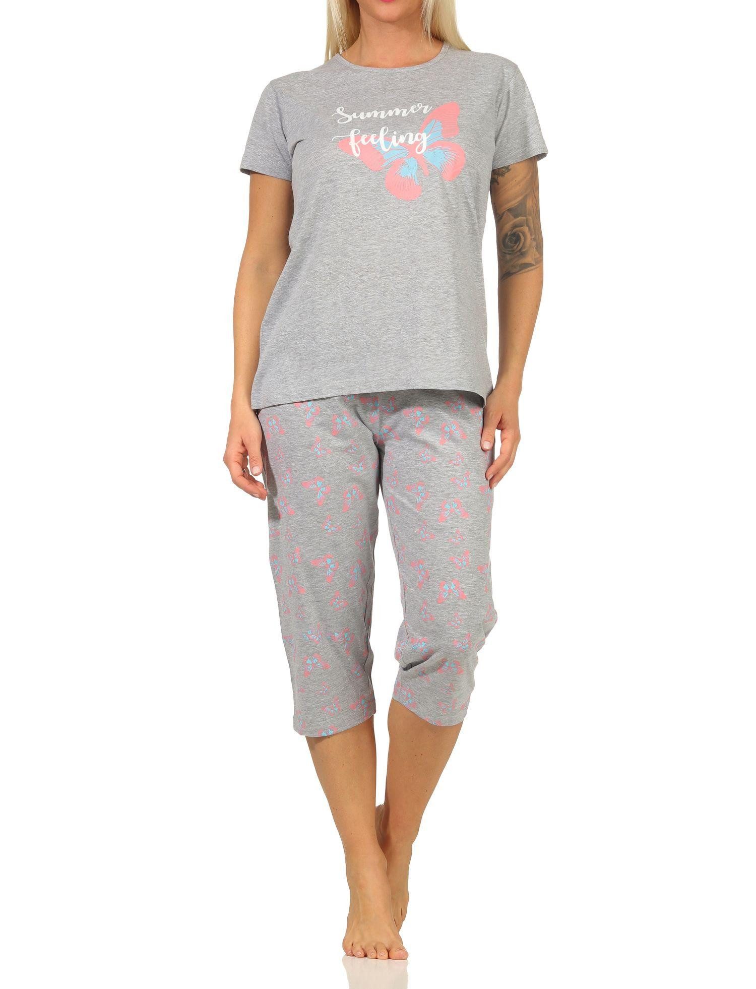 RELAX by Normann Pyjama Sommerlicher Damen kurzarm Capri Schlafanzug mit Schmetterlingsmotiv