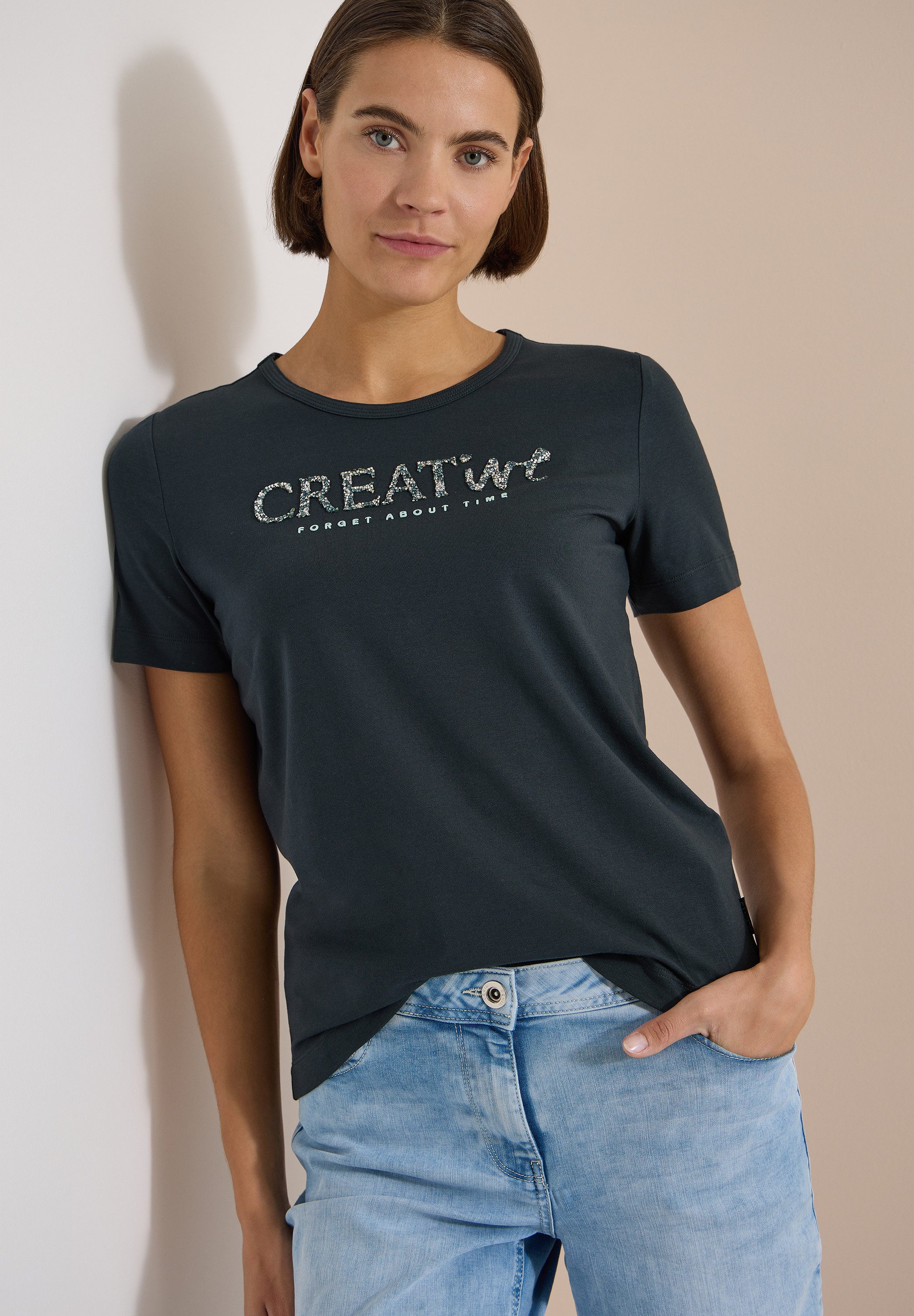 CECIL Print-Shirt Sommershirt mit Rundhals und Glitzer-Wording
