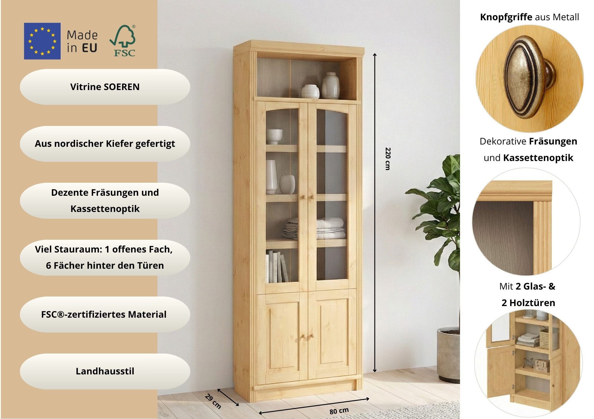 OTTO home Vitrine Soeren Regal mit 2 Glastüren und 2 Holztüren, B/TH: 80/29/220 cm Kiefer FSC®-zertifiziert, 1 offenes Fach, 6 Fächer hinter den Türen