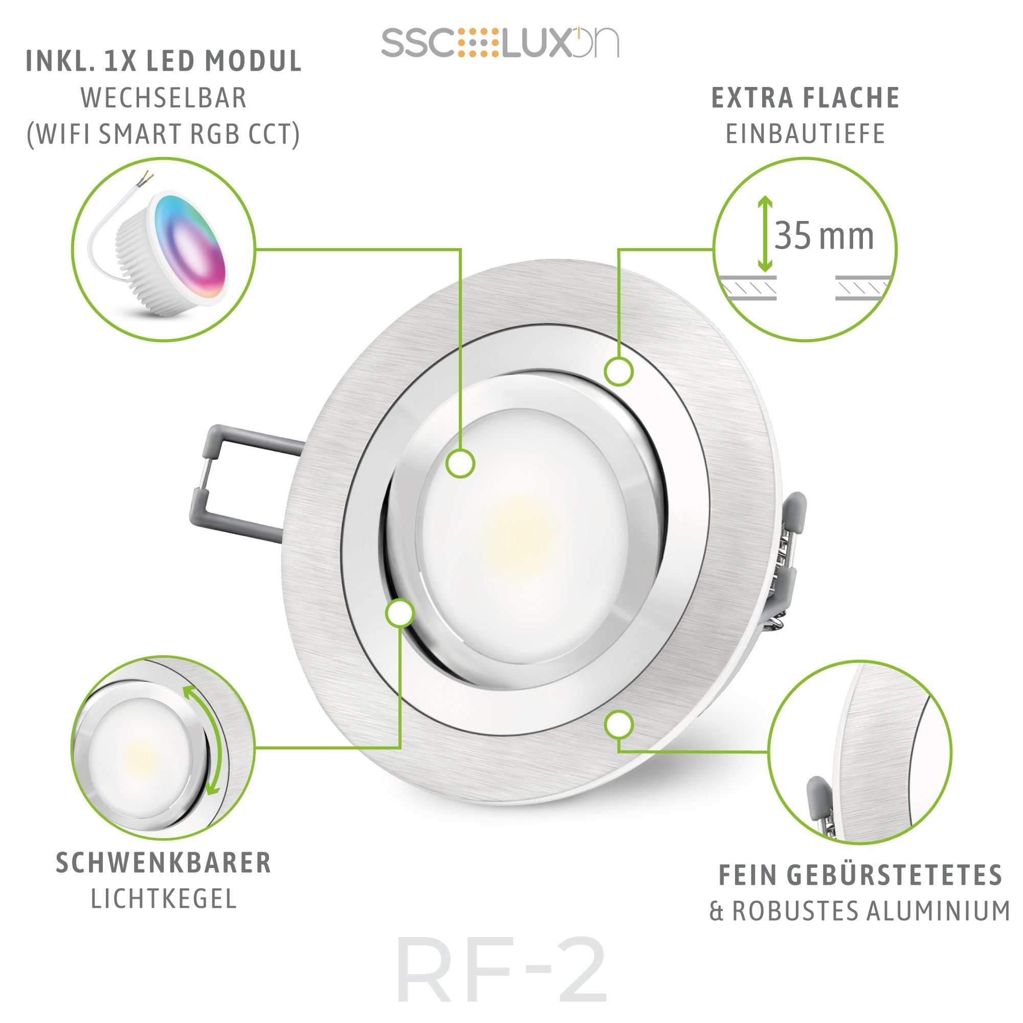 SSC-LUXon LED Einbaustrahler RF-2 Einbauspot LED & extra 5W, flach schwenkbar RGB WiFi RGB mit dimmbar