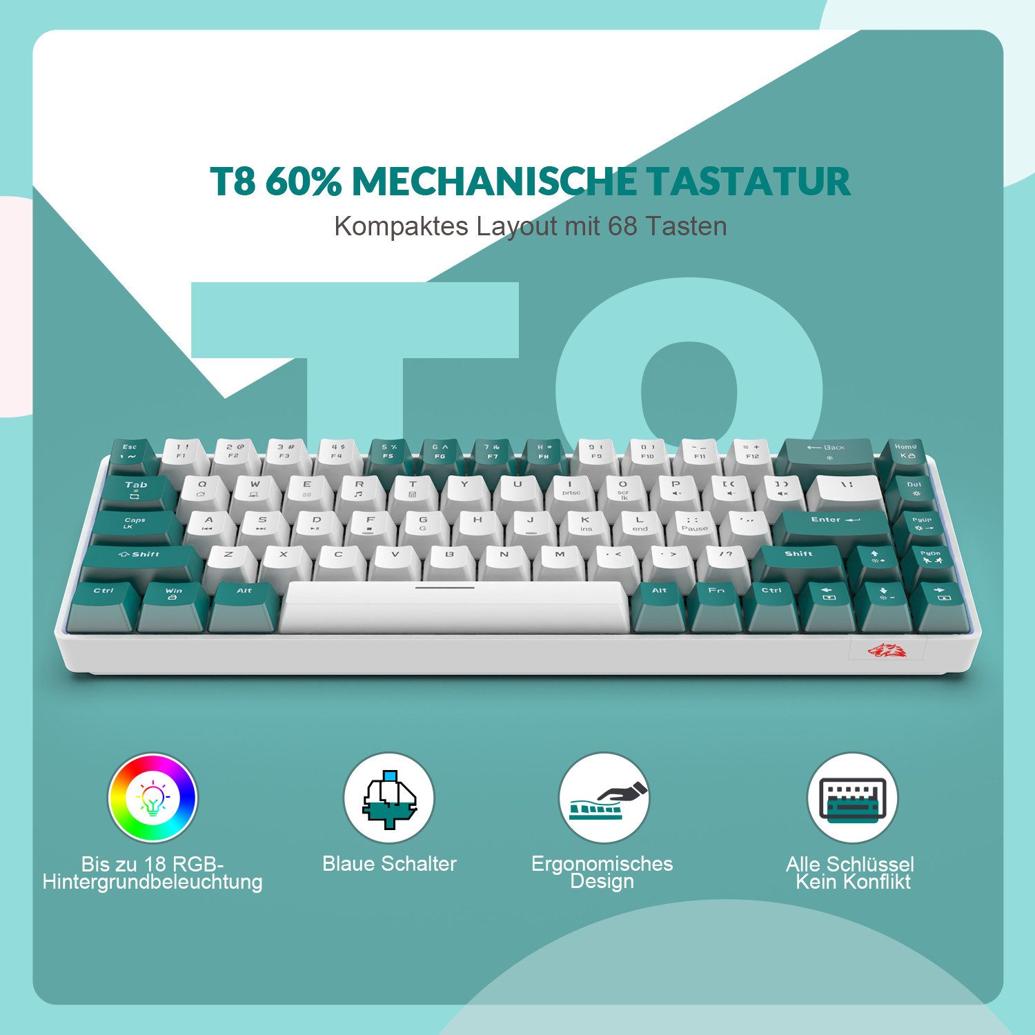 ZIYOU LANG T8 60% Mechanische Gaming-Tastatur,68 Tasten TKL mit Kompaktem Layout, Gaming-Tastatur (Kompaktem Layout,18 RGB,Anti-Ghosting,USB-C Spiralkabel,für PC,Mac)