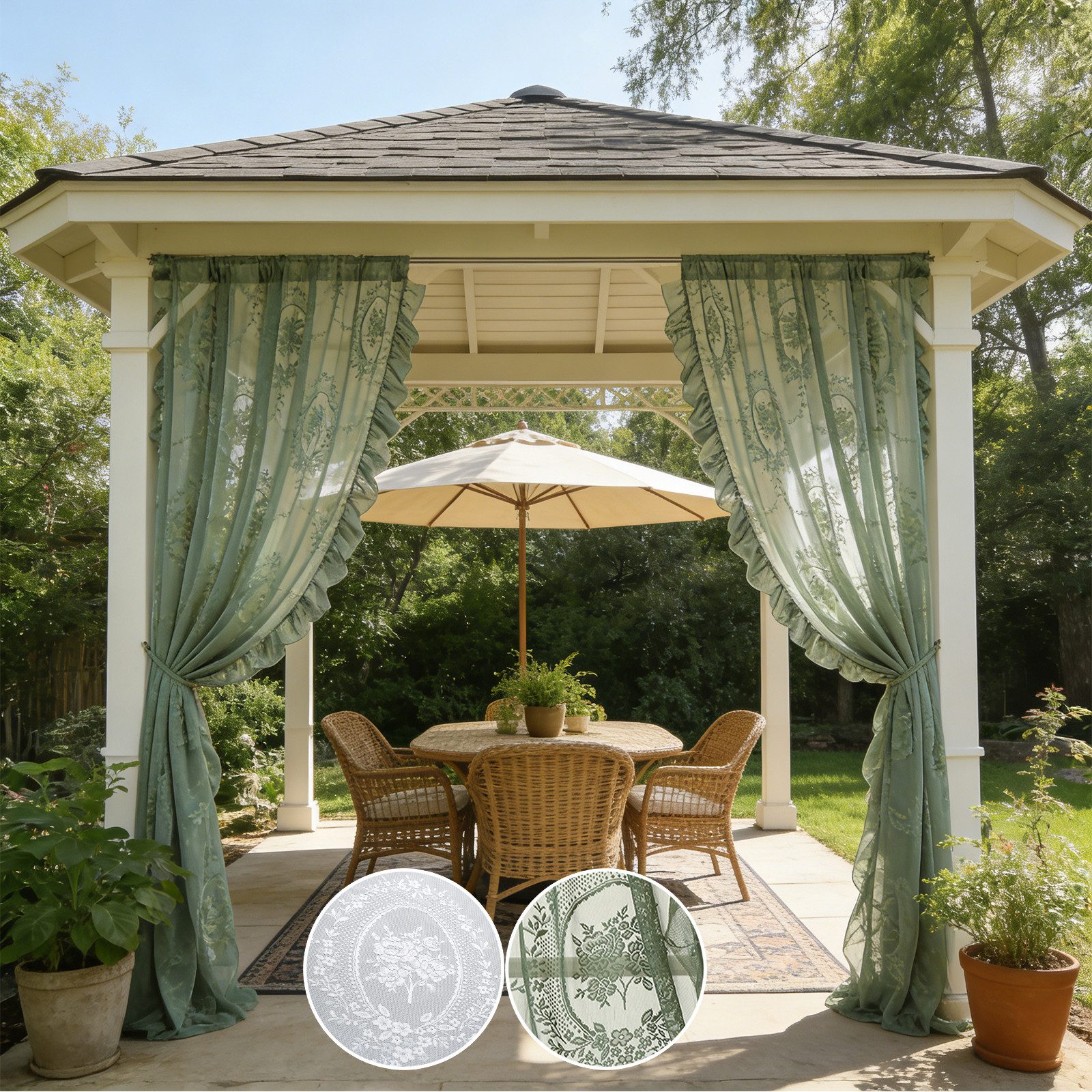 Qelus Gardine Voile Gardinen Transparent Vorhänge Kräuselband für Innen Außen (1 St), 2er Set Rüschenvorhänge Vintage-Tüll, Blumenspitze Shabby-Chic-Dekor