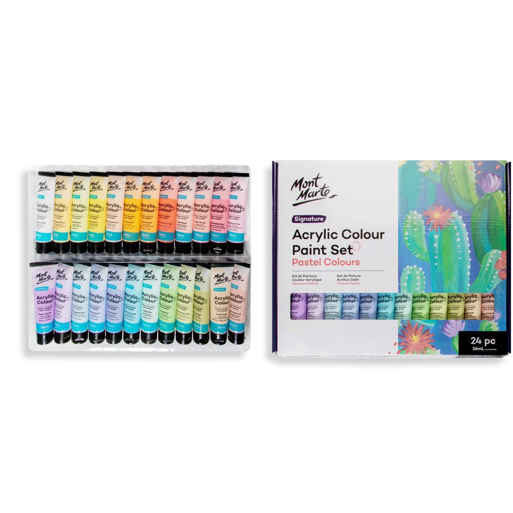 Mont Marte Acrylfarbe Pastell Set 12 / 18 / 24 / 48 x 36 ml –Deckkraft & Seidenmattes Finish, Pastellfarben für Leinwand, Karton, Papier, Ton, Holz, Steine uvm.