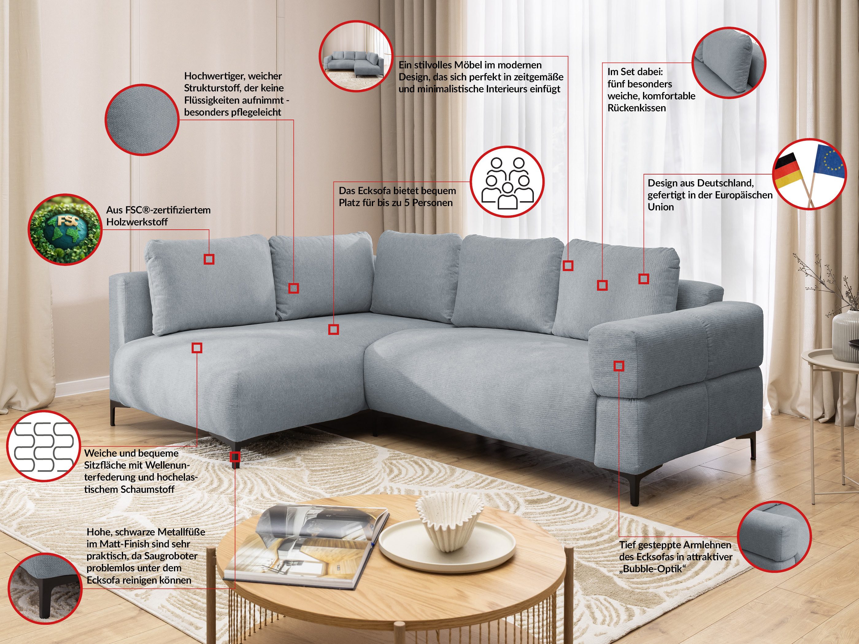 S-Style Möbel Ecksofa und Hocker Cardea mit Schlaffunktion in Bubble-Optik, aus weichem Strukturstoff, mit Wellenfederung