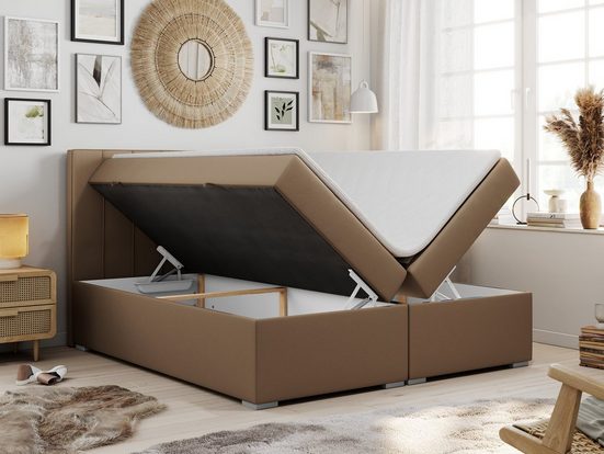 MKS MÖBEL Boxspringbett ALLY, Doppelbett mit Multipocket-Matratze, Praktisch Polsterbett 140x200 cm Braun