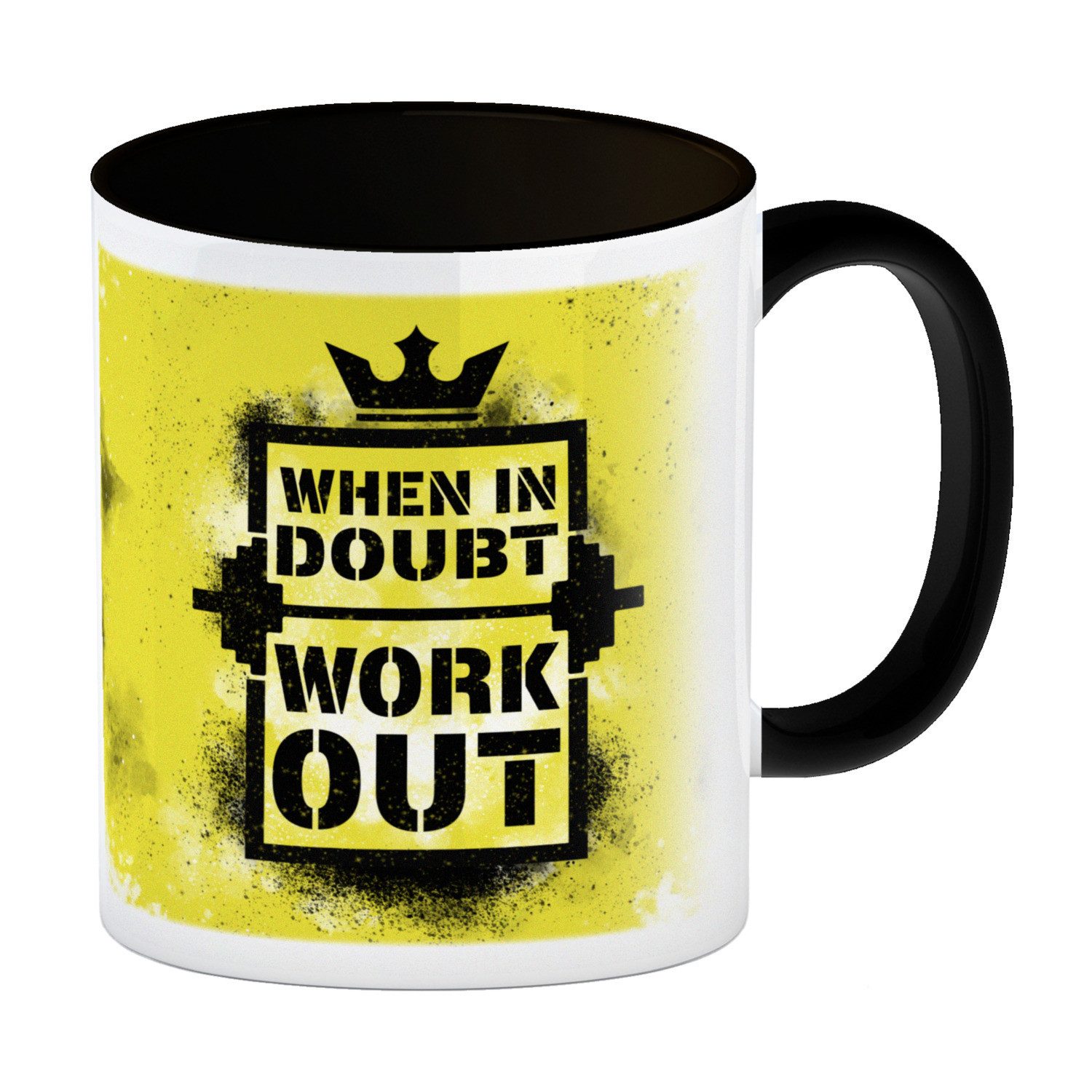 Tasse When in doubt Work out Kaffeebecher Schwarz mit motivierendem Spruch