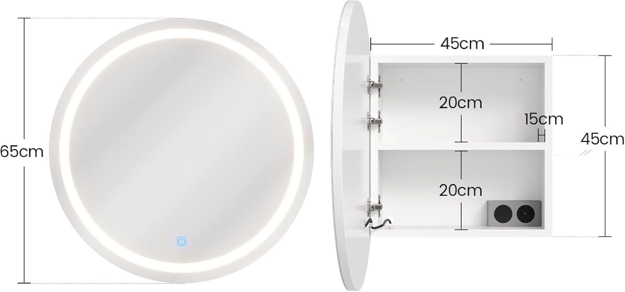 MSMASK Badezimmerspiegelschrank Runder Spiegelschrank mit LED Beleuchtung, Weiß (1-St) Badspiegel Schrank mit Steckdose und Fönhalter