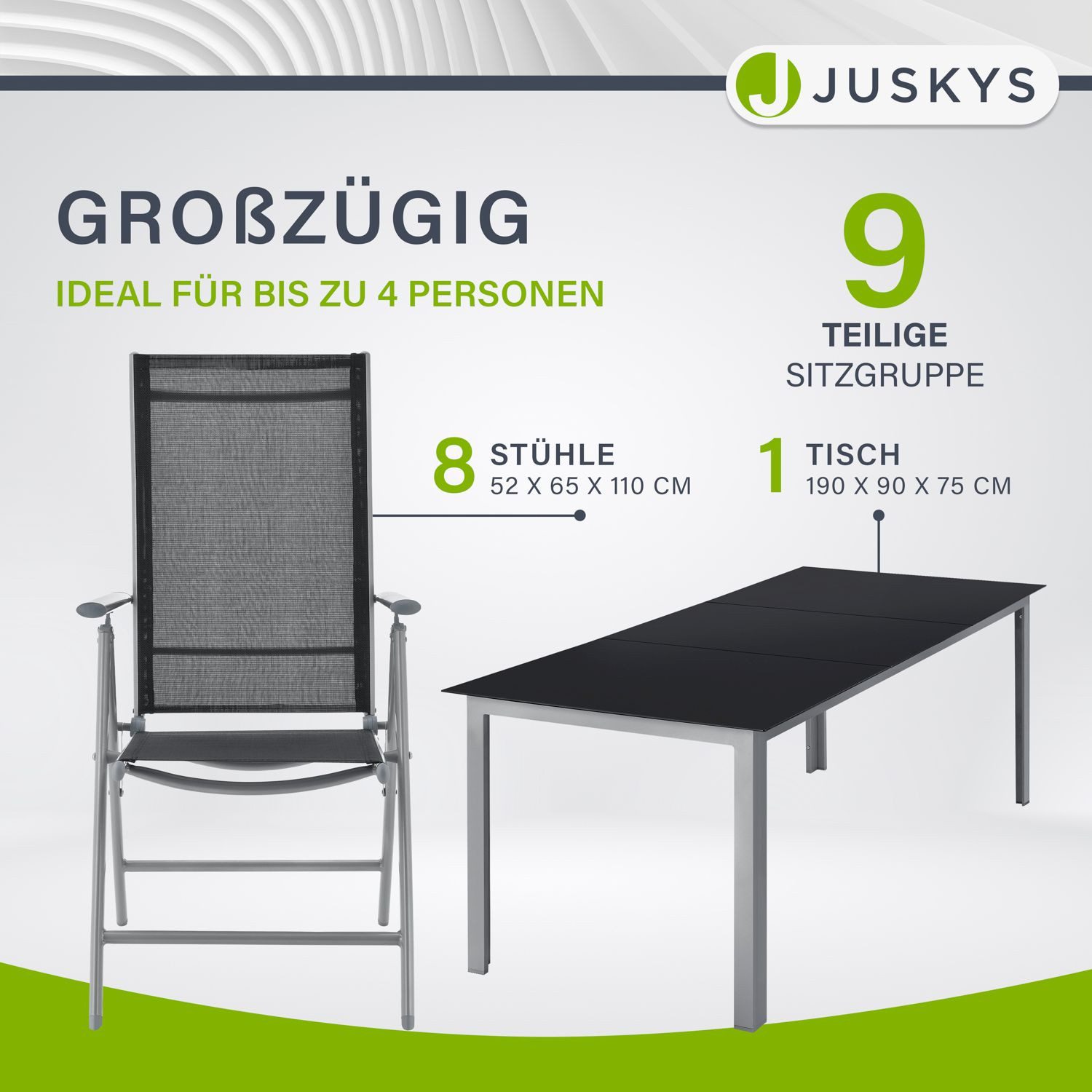 Juskys Garten-Essgruppe Milano, (9-tlg), 8 Gartenstühlen plus Tisch - Stühle klappbar und verstellbar