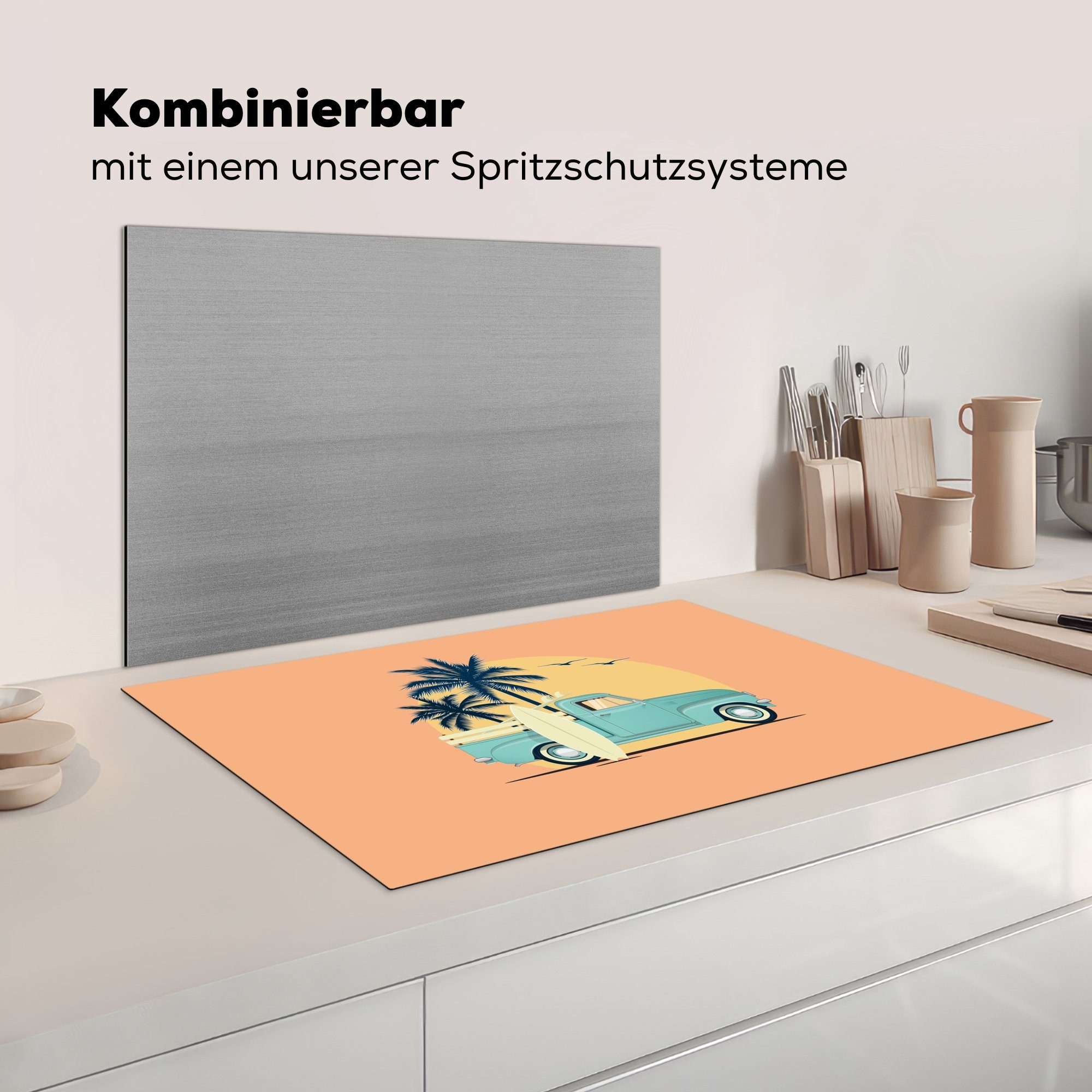 81x52 Ceranfeldabdeckung MuchoWow - Vogel Schutz Induktionskochfeld die Surfbrett, Herdblende-/Abdeckplatte Palme - - Vinyl, Bus cm, tlg), (1 küche, für