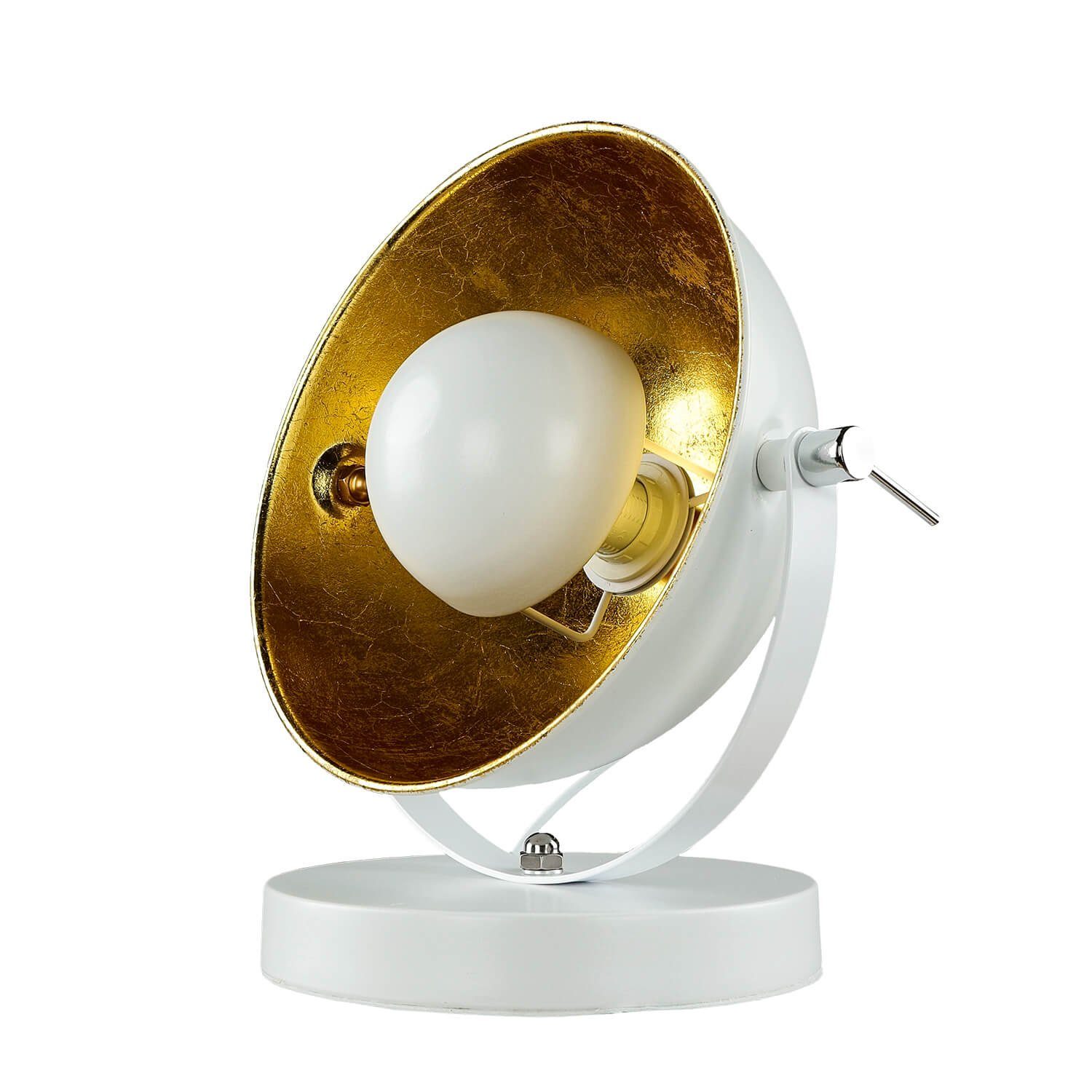 Licht-Erlebnisse Nachttischlampe BARAN, ohne Lampe verstellbar Leuchtmittel, Metall Gold Weiß Studio E14 Halbkugel Retro