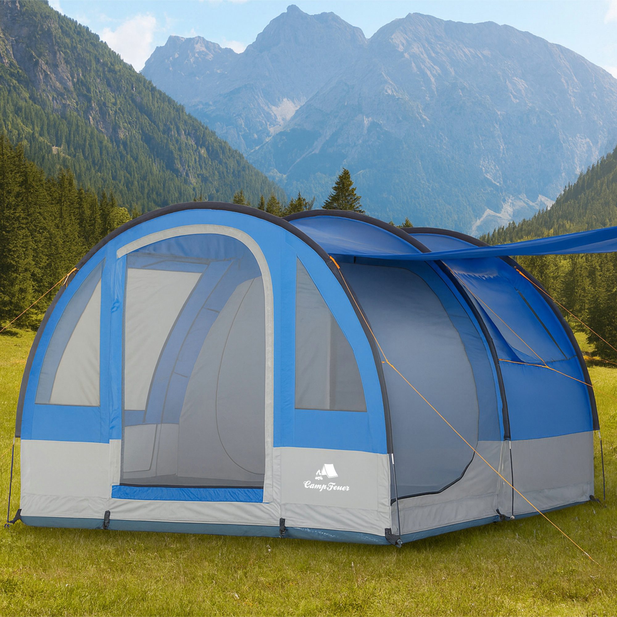 CampFeuer Tunnelzelt Zelt Smart für 4 Personen, Blau/Grau, Tunnelzelt 2000 mm Wassersäule, Personen: 4