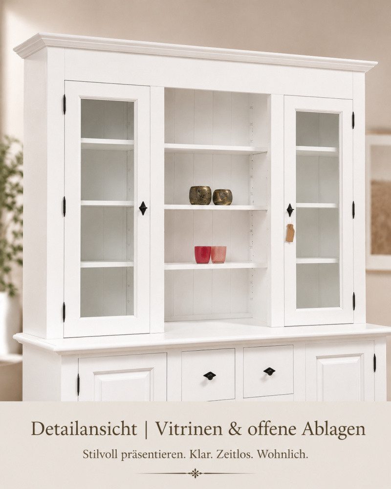 Wohnpalast Buffet Landhaus Schrank Massivholz Vitrinenschrank im Landhaus Stil Farbe wei
