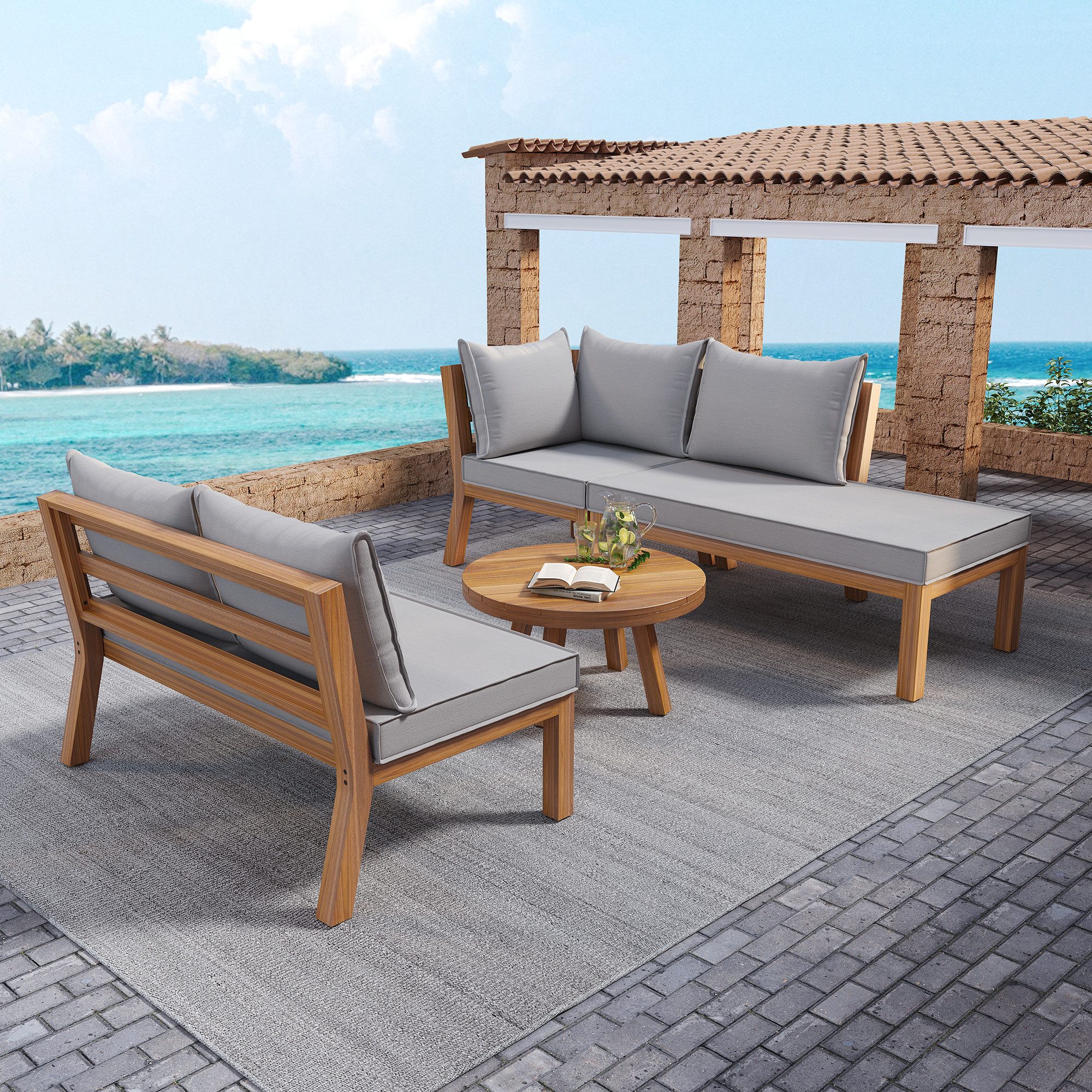 Flieks Gartenlounge-Set, 5-Sitzer Balkonset Gartenmöbel Akazienholz günstig online kaufen