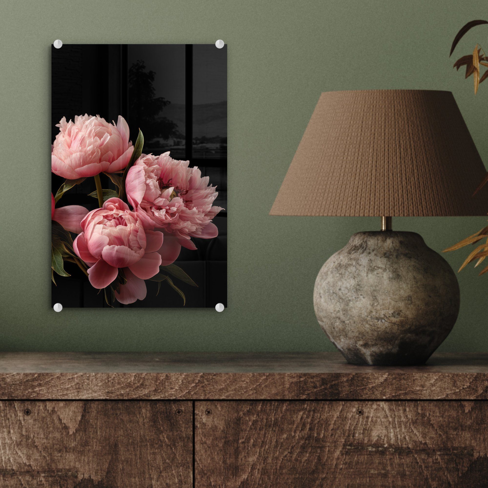 Acrylglasbild St), Rosa auf Foto - Blumen MuchoWow auf Glas Wandbild Natur, - - Wanddekoration (1 Bilder Glasbilder Botanisch - Glas Pfingstrose - - -