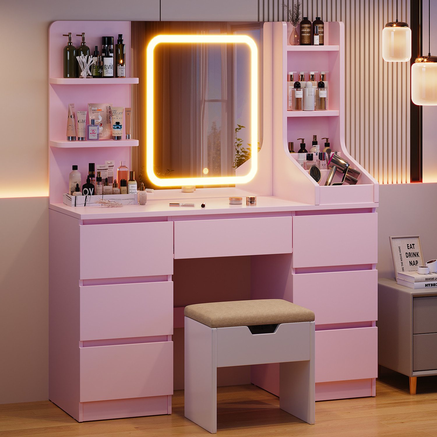 HOMALL Schminktisch Eingebaute LED-Beleuchtung, einstellbare Helligkeit, mi günstig online kaufen