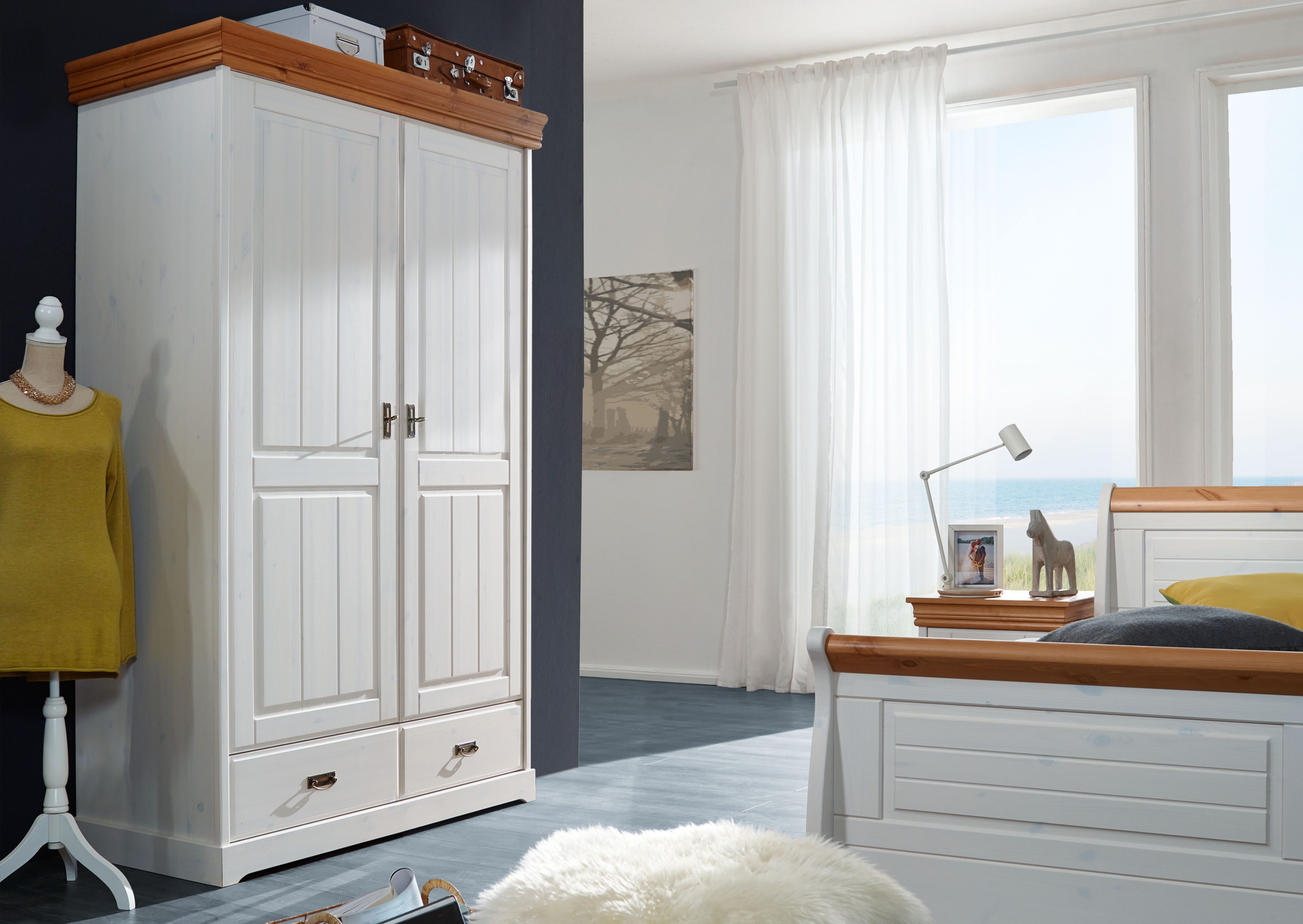 Woodroom Kleiderschrank Pila (2-türig, Kiefer massiv weiß gewachst) Schrank, Schrank mit Türen