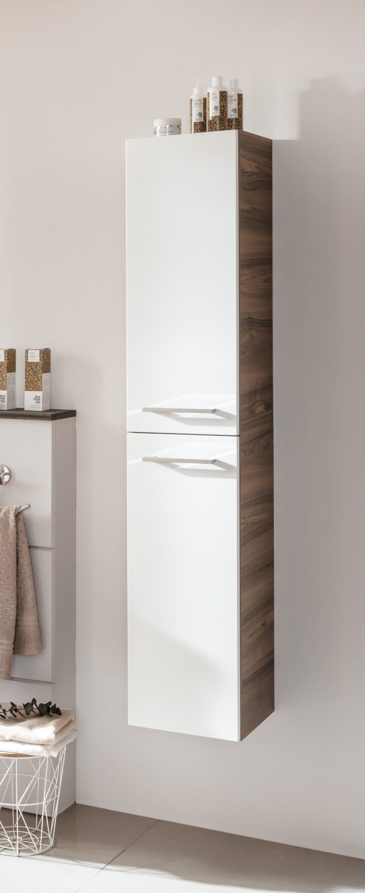 FACKELMANN Hochschrank Verona Hochschrank rechts - Weiß Hochglanz - Nussbaum