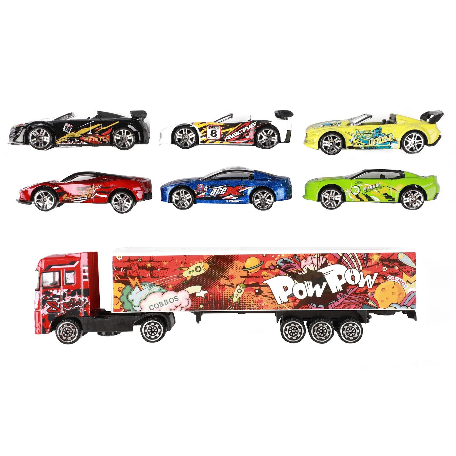 Toi-Toys Modellauto LKW Spielzeugauto mit 6 Sportwagen in bunten Farben