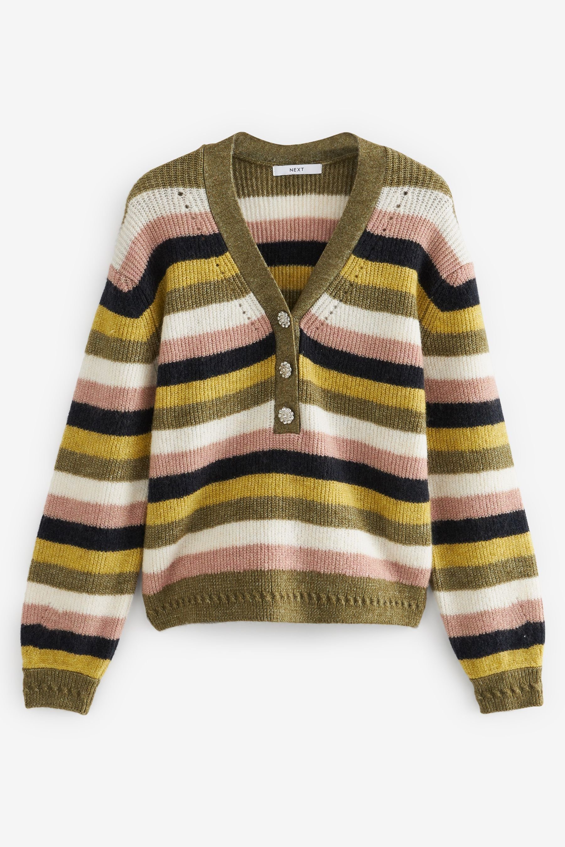 Next V-Ausschnitt-Pullover Pullover mit V-Ausschnitt und Schmuckknopf (1-tlg) Khaki Green Striped