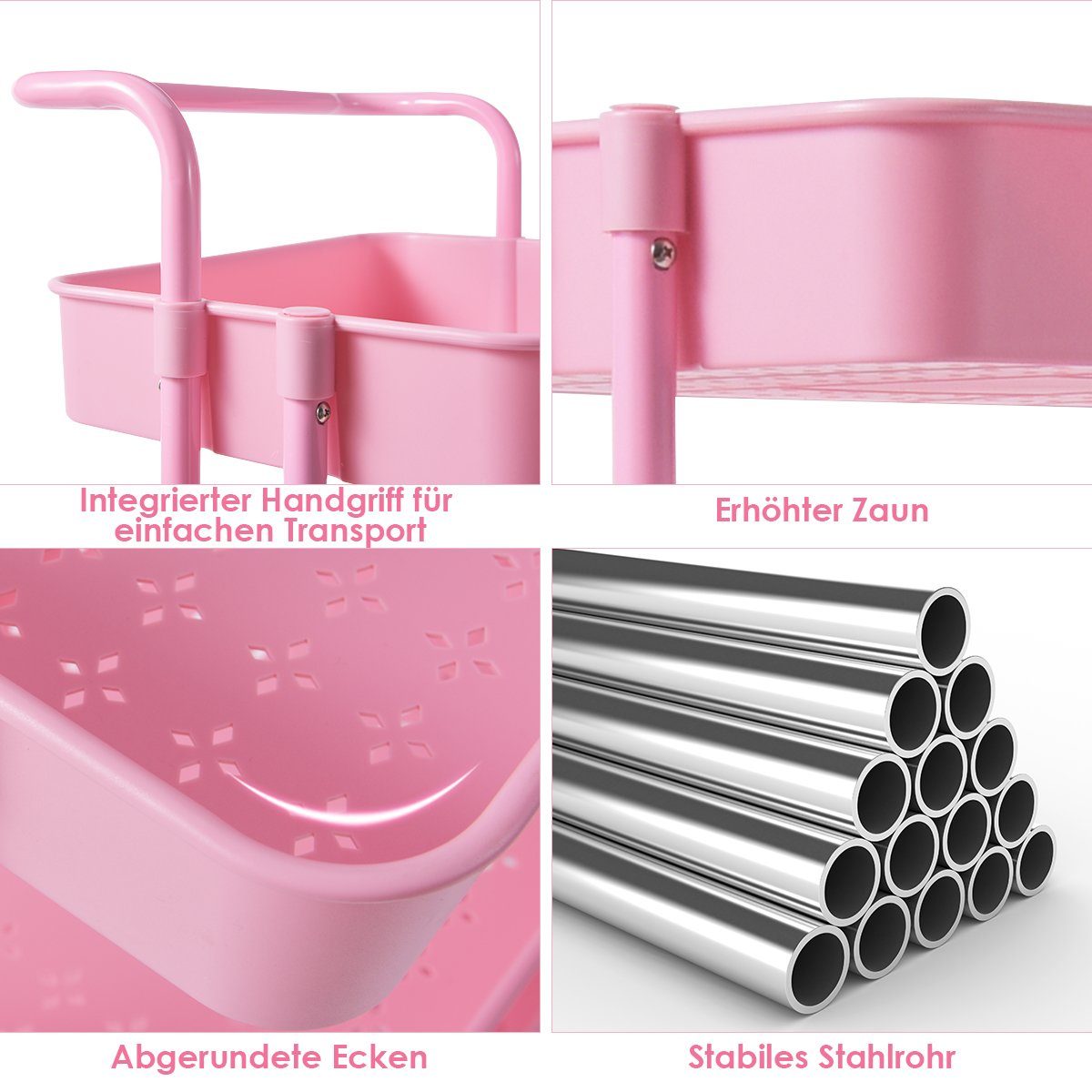 Rollen, Metallrahmen Servierwagen, Regale, mit Küchenwagen COSTWAY 3 Rosa