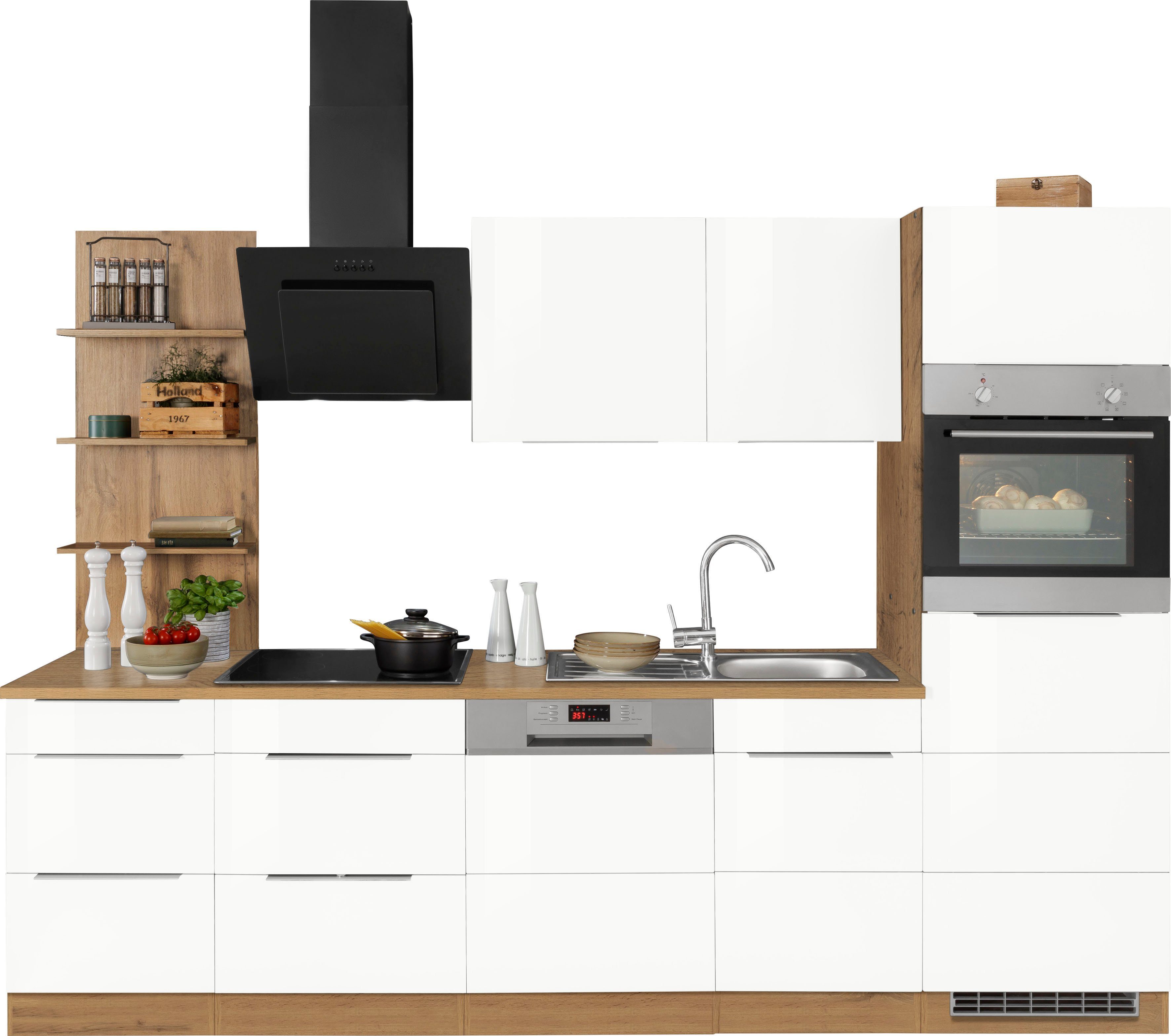 HELD MÖBEL Küchenzeile Brindisi, mit E-Geräten, Breite 280 cm weiß Hochglanz/wotaneichefarben | wotaneichefarben | Küchenzeilen mit Geräten