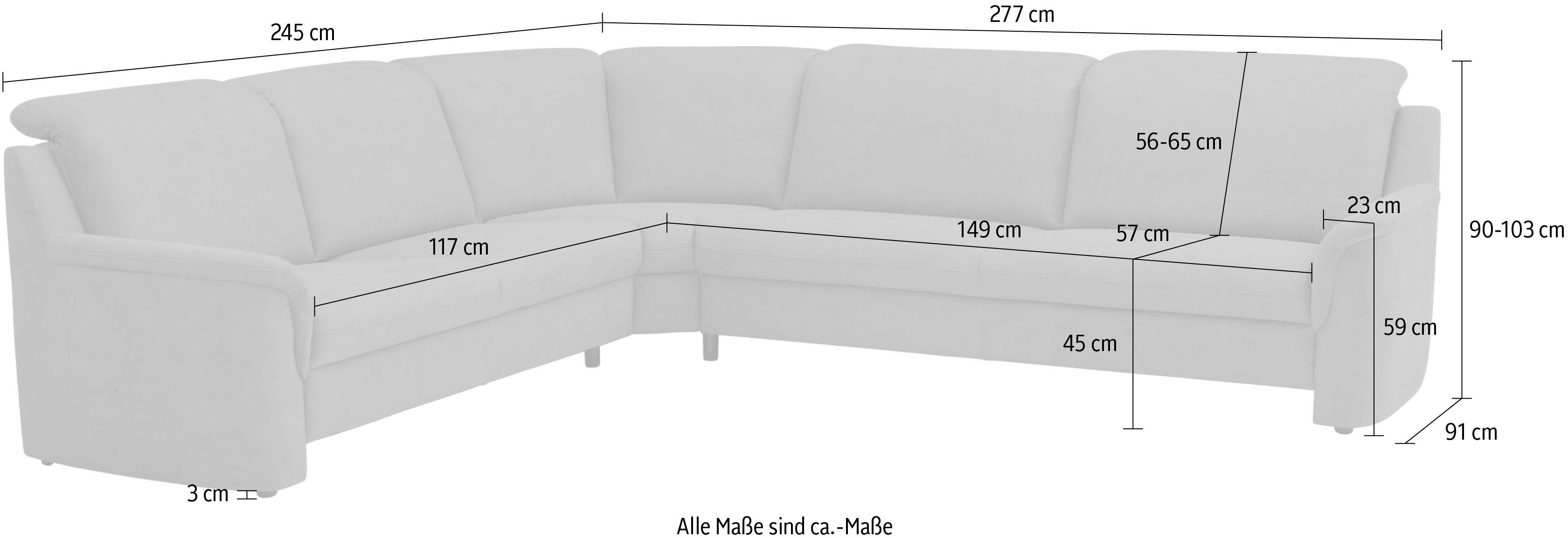 VILLA BECK Ecksofa Garda, 4 inklusive 277x245cm Kopfteilverstellung, Teile, Stellmaß