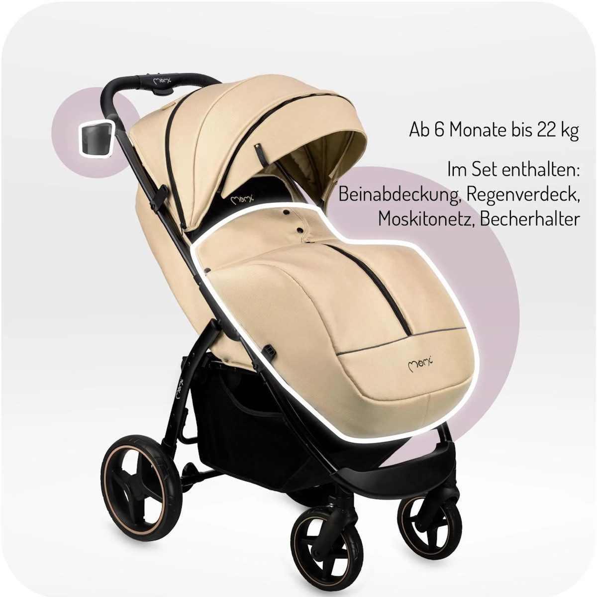 MoMi Kinder-Buggy MIYA EVA Buggy mit Einhand-Faltung, XL-Räder, Zubehör, Beige, Einhand-Faltmechanismus, doppelte Faltsicherung, 4-Rad-Federung – Bild 4 von 5