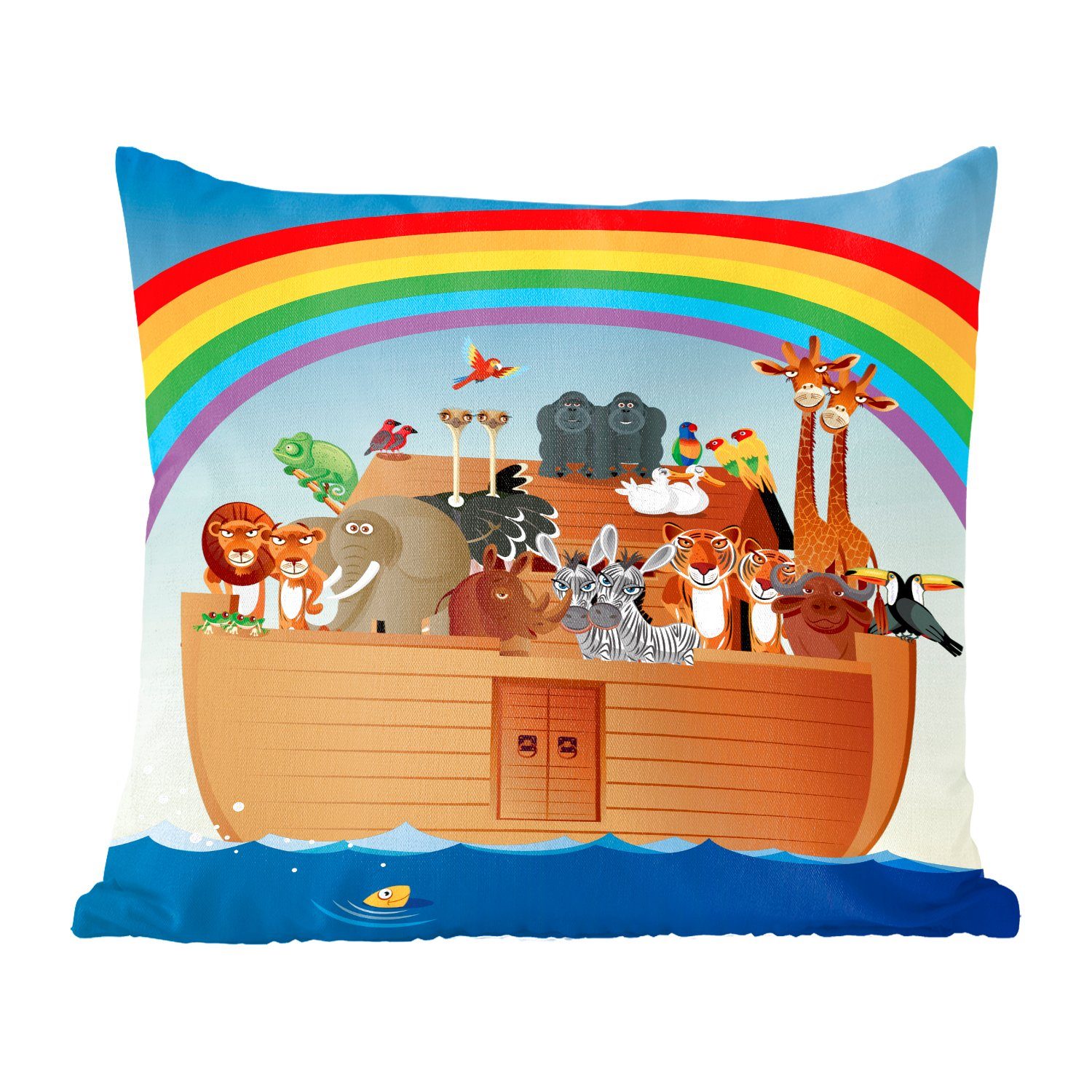 MuchoWow Dekokissen Eine Illustration von Noahs Arche unter dem Regenbogen, Zierkissen mit Füllung für Wohzimmer, Schlafzimmer, Deko, Sofakissen