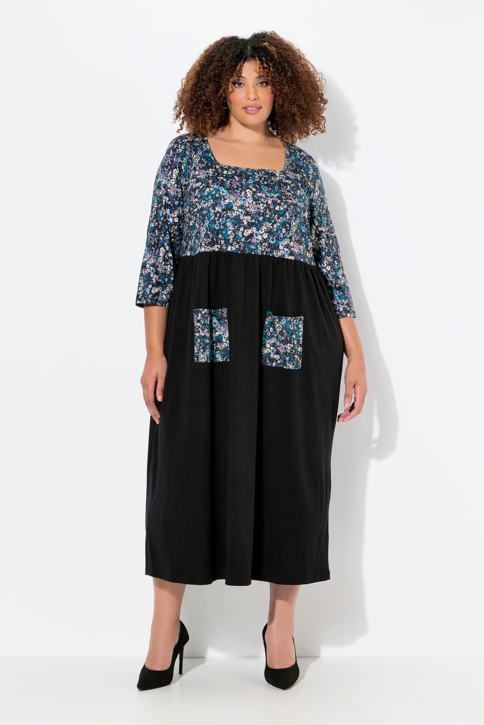 Ulla Popken Maxikleid Jersey-Maxikleid Blüten Carree-Ausschnitt 3/4-Arm