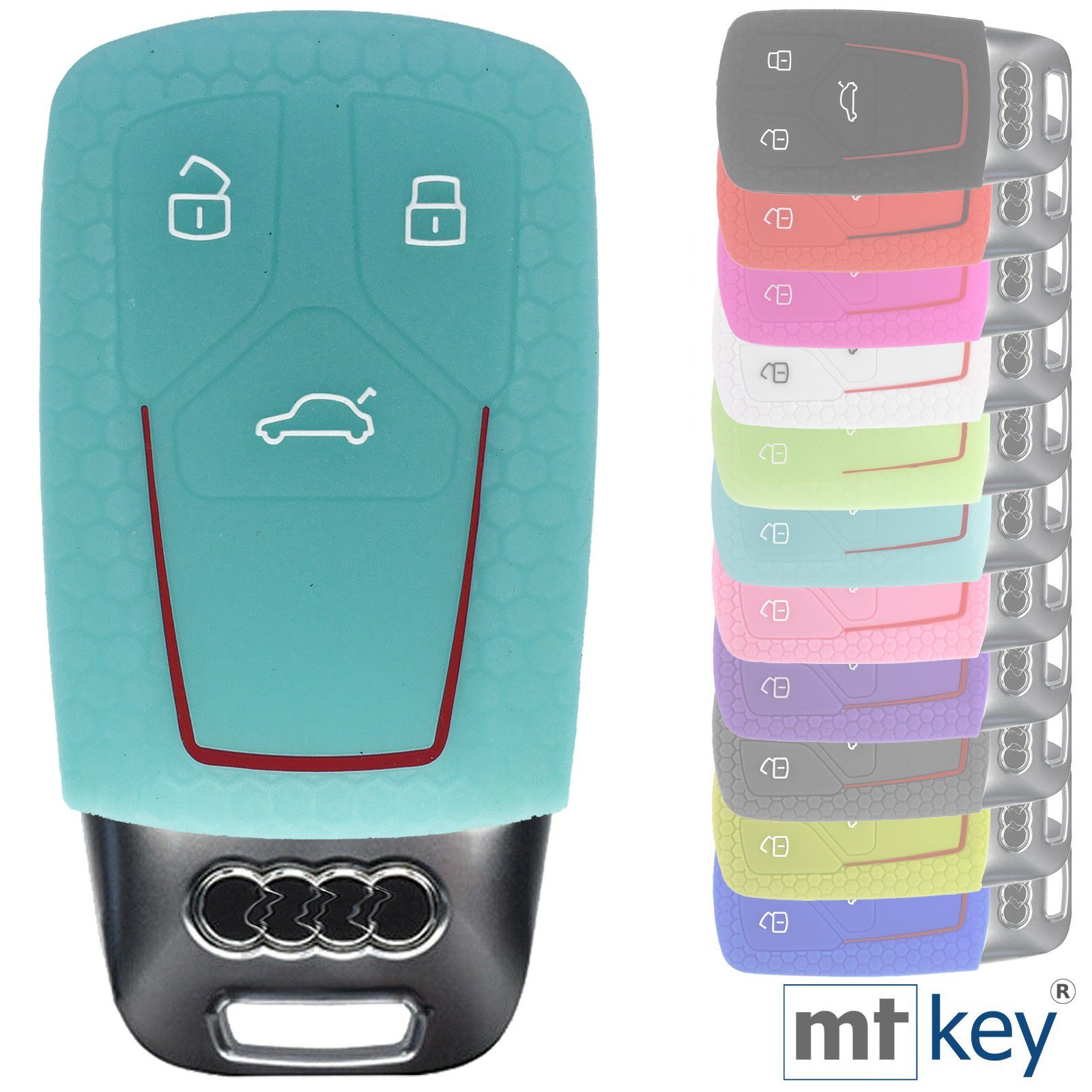 mt-key Schlüsseltasche Autoschlüssel Silikon Schutzhülle im Wabe Design  fluoreszierend Blau, für Audi A4 A5 A6 A7 TT Q2 Q5 Q7 A8 Q8 3 Tasten  KEYLESS SMARTKEY