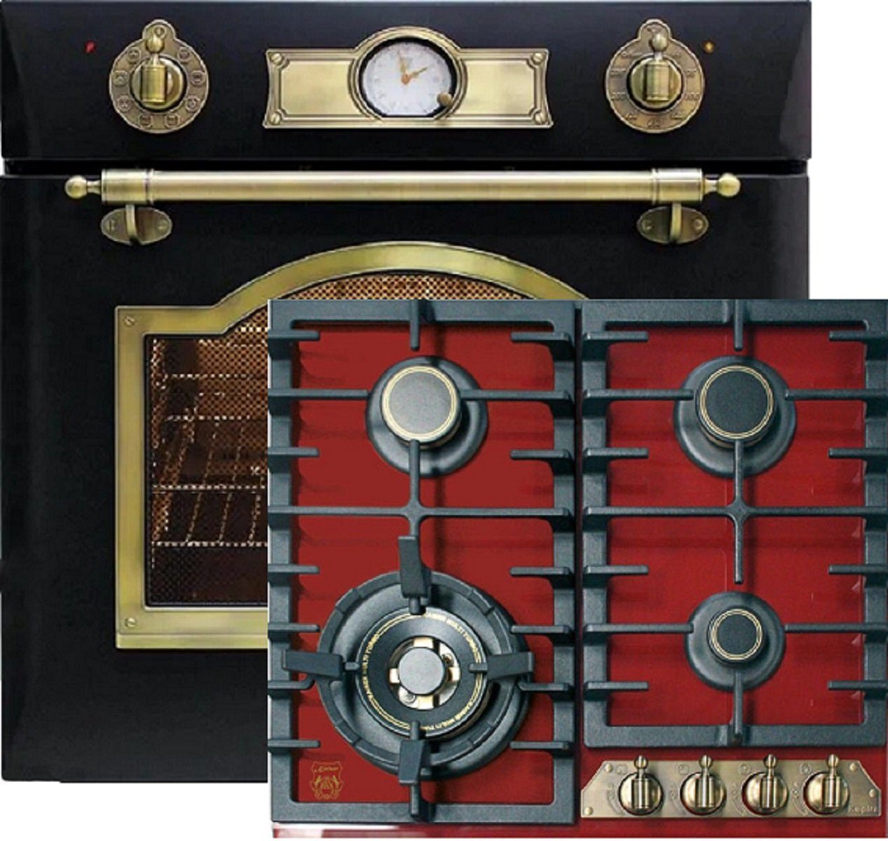 Kaiser Küchengeräte Gasherd-Set EG 6345 Em+KCG 6335 RotEm, Einbau Gasbackofen 67L +Bordeaux Glas, Retro Einbau Herd