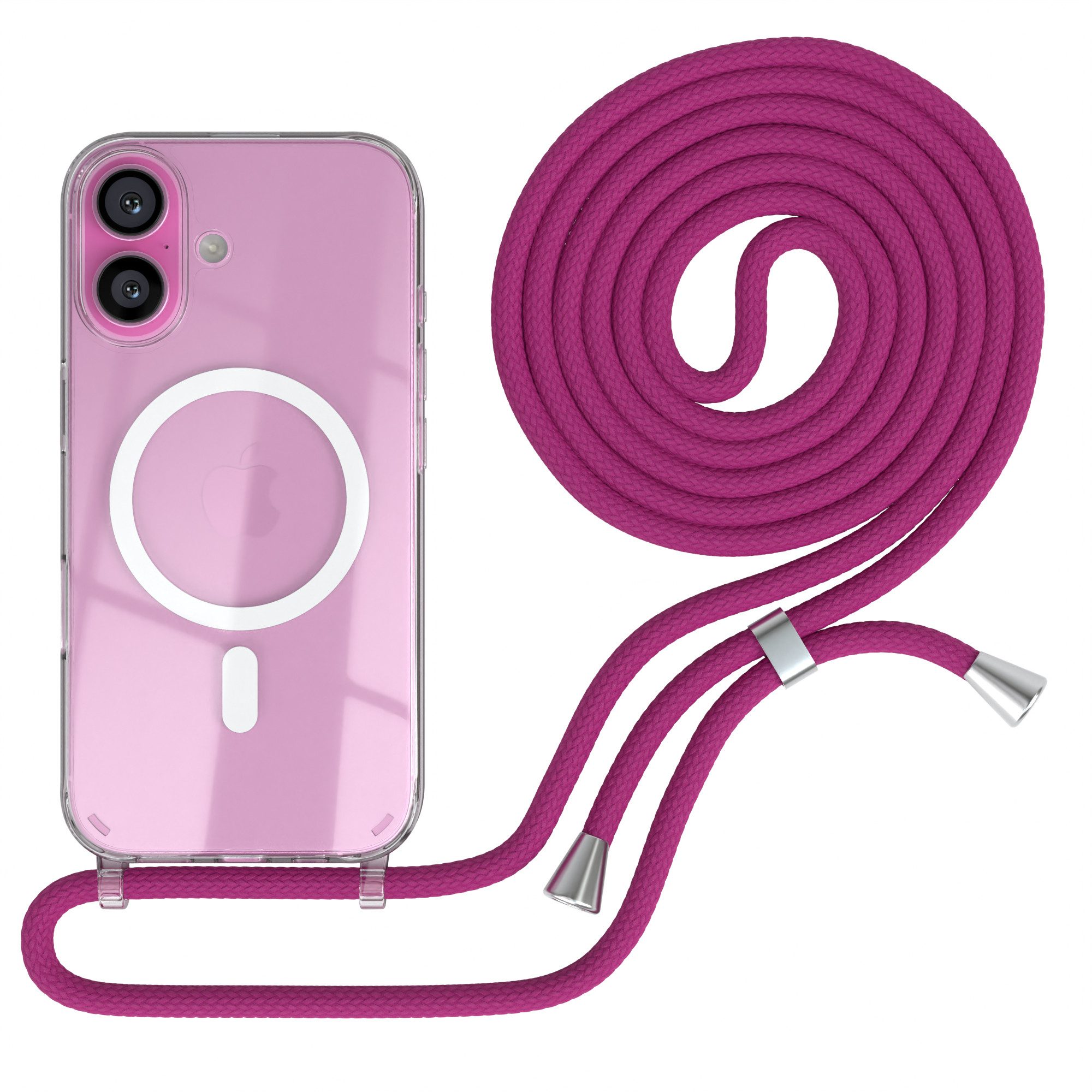 EAZY CASE Handykette mit Magsafe Hülle für Apple iPhone 16 6,1 Zoll, Slimcover Festival Hülle Band Handyketten induktive Umhängehülle Pink