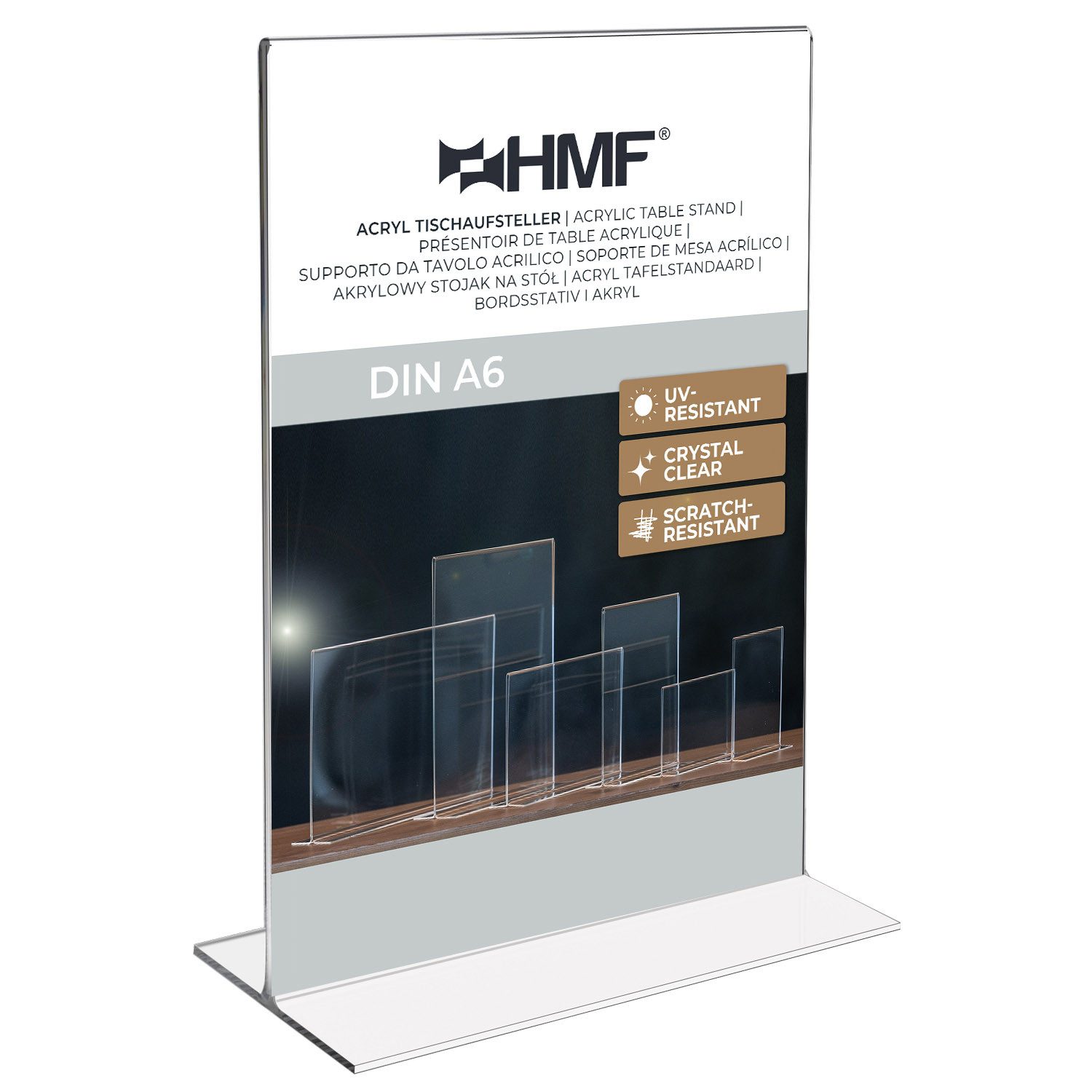 HMF Bilderrahmen Acryl Tischaufsteller im DIN A6 Hochformat, Menükartenhalter für, für 1 Bilder (1 St), Restaurants, beidseitige Präsentation, T-Aufsteller, Transparent