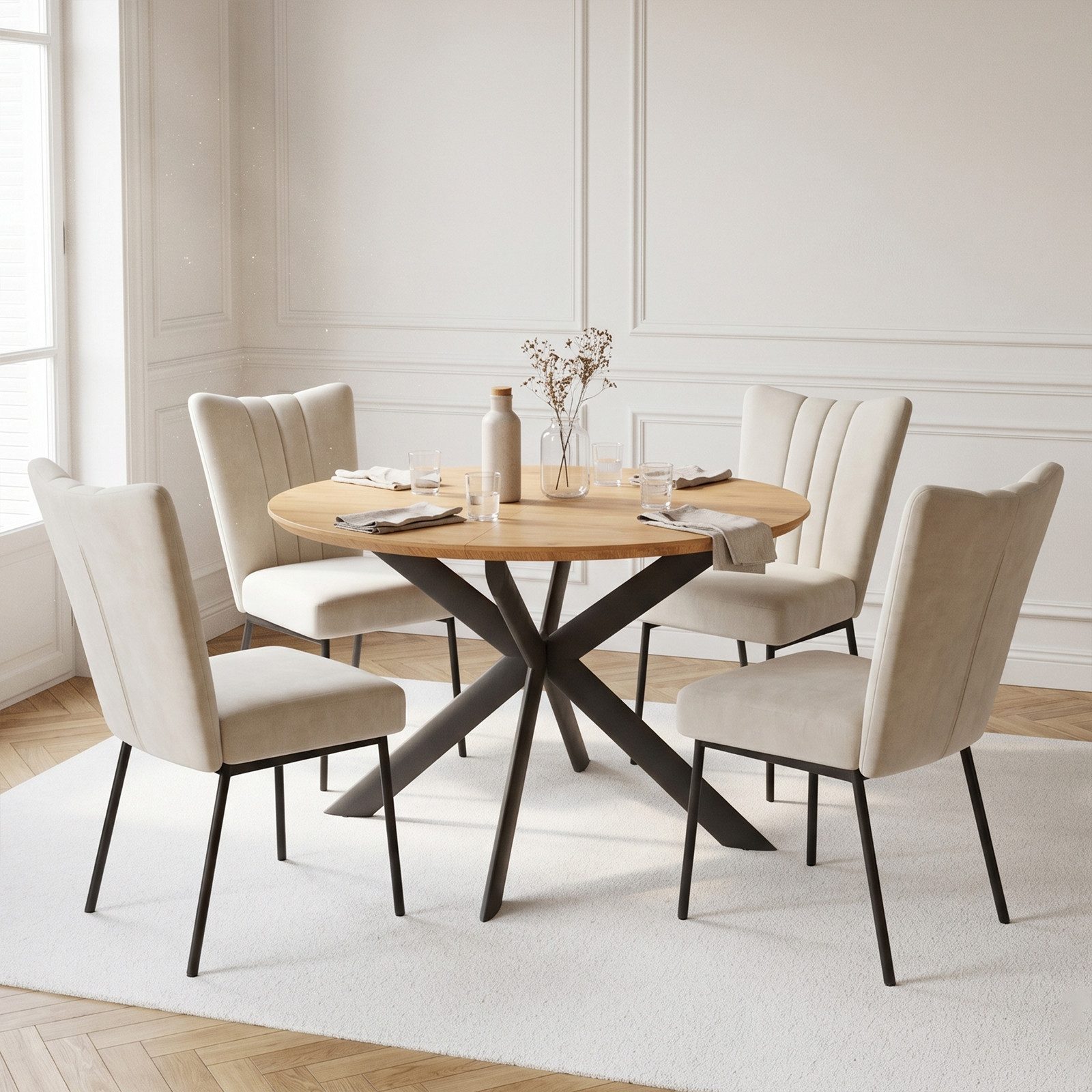Jiexi Essgruppe Esstisch ausziehbar rund bis oval MDF-Platte mit Samtstühlen – Bild 2 von 5