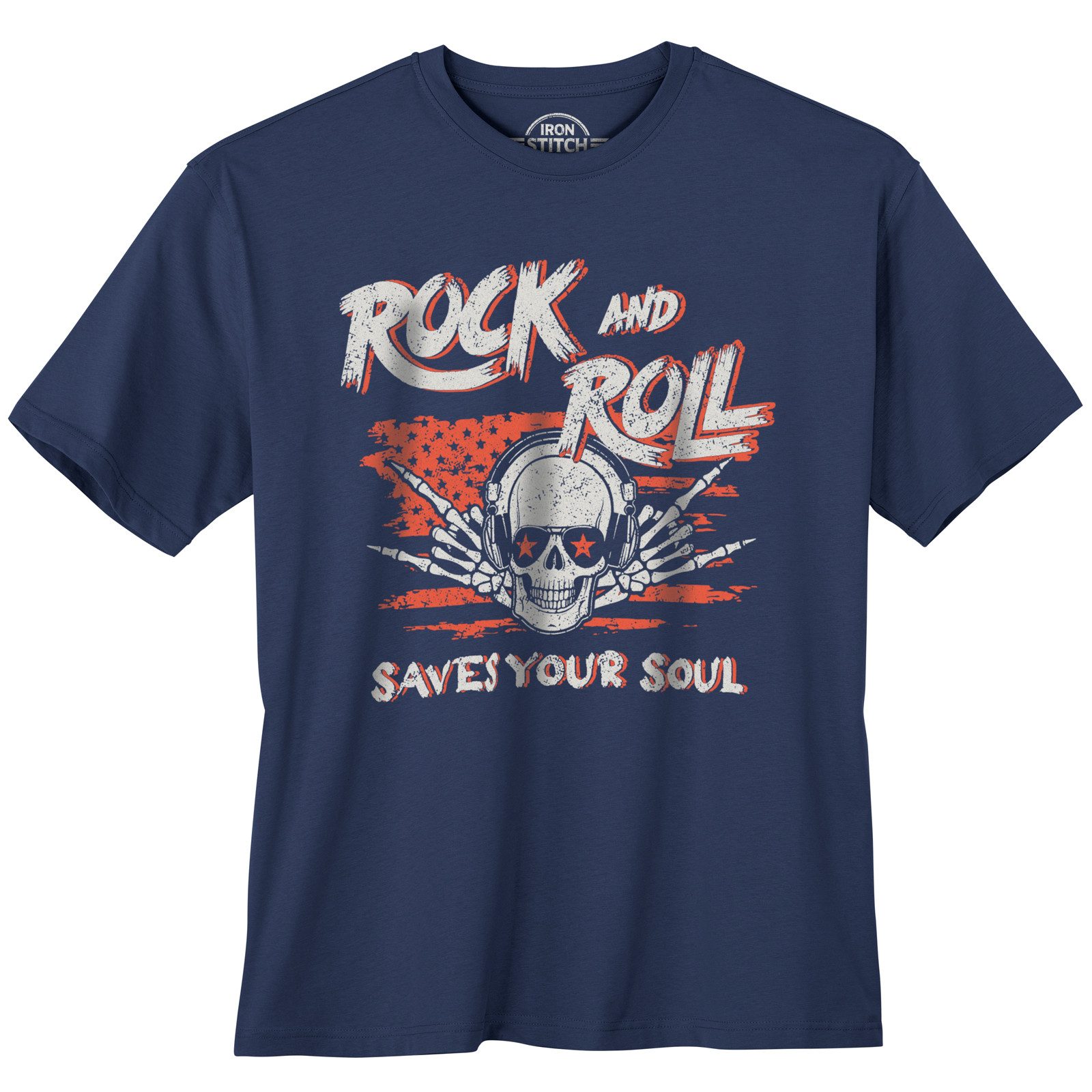 Print-Shirt Iron Stitch Übergrößen T-Shirt denimblau Rock Skull