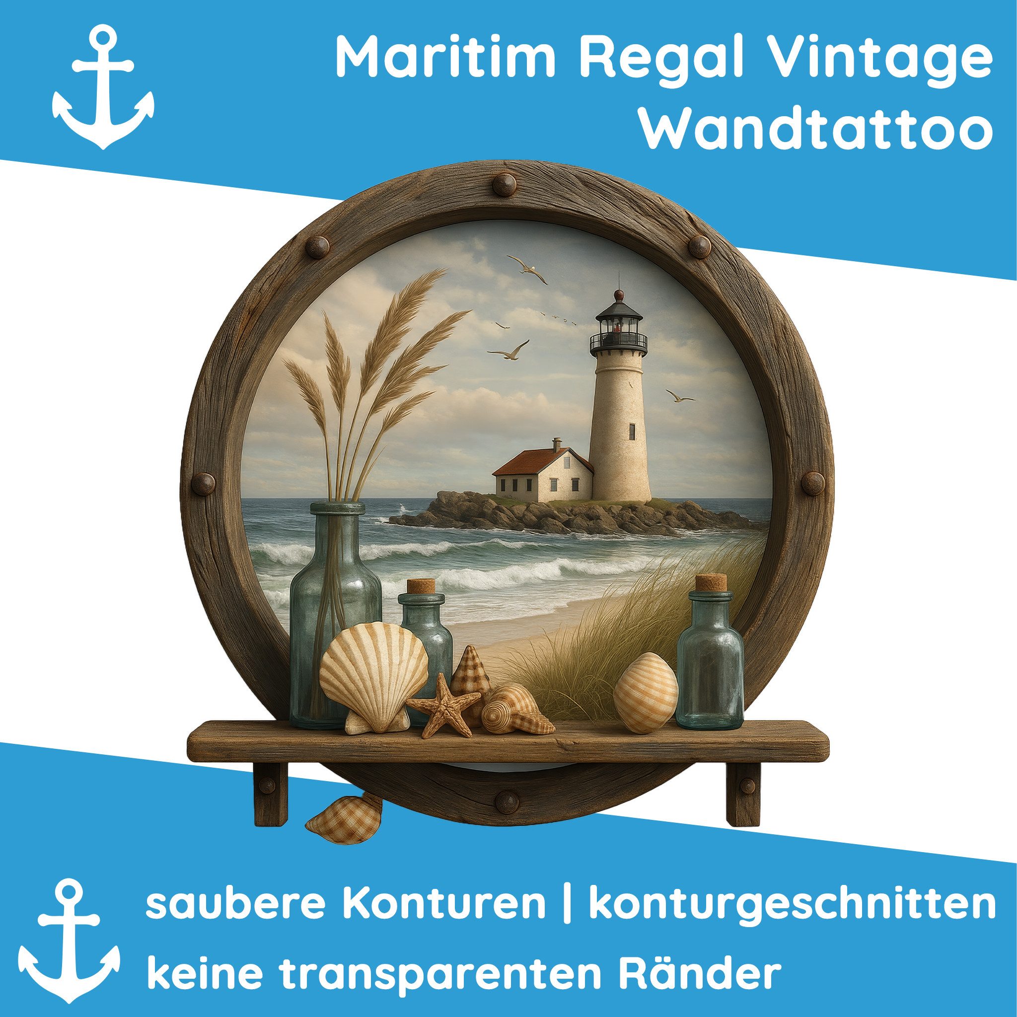 Sunnywall Wandtattoo Aufkleber Maritim – Bullauge mit Leuchtturm, Regal-Optik Küstenflair, selbstklebend, konturgeschnitten, rückstandslos entfernbar