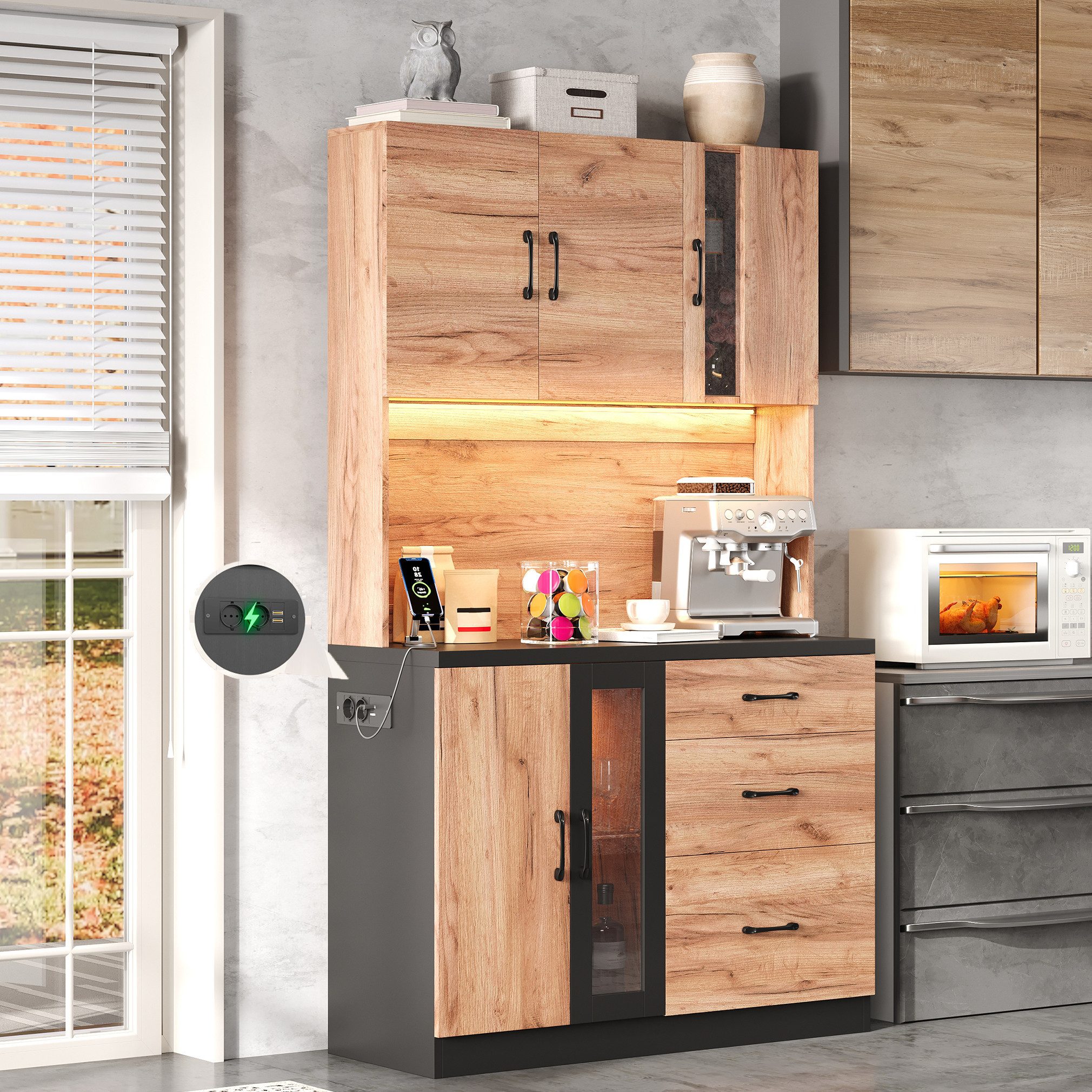 Flieks Küchenbuffet mit Steckdose, LED-Beleuchtung und verstellbaren Einlegeböden (B105/T40/H180 cm, 1-St., Geschirrschrank mit Glas-Einlegeböden und Schubladen) Hochschrank Küchenschrank Holzoptik Geschirrschrank mit Arbeitsplatte